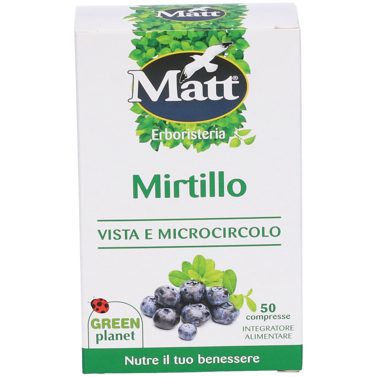 Scatola bianca con logo "Matt", scritta "Mirtillo" e illustrazione di mirtilli. Contiene 50 compresse. "Vista e Microcircolo".