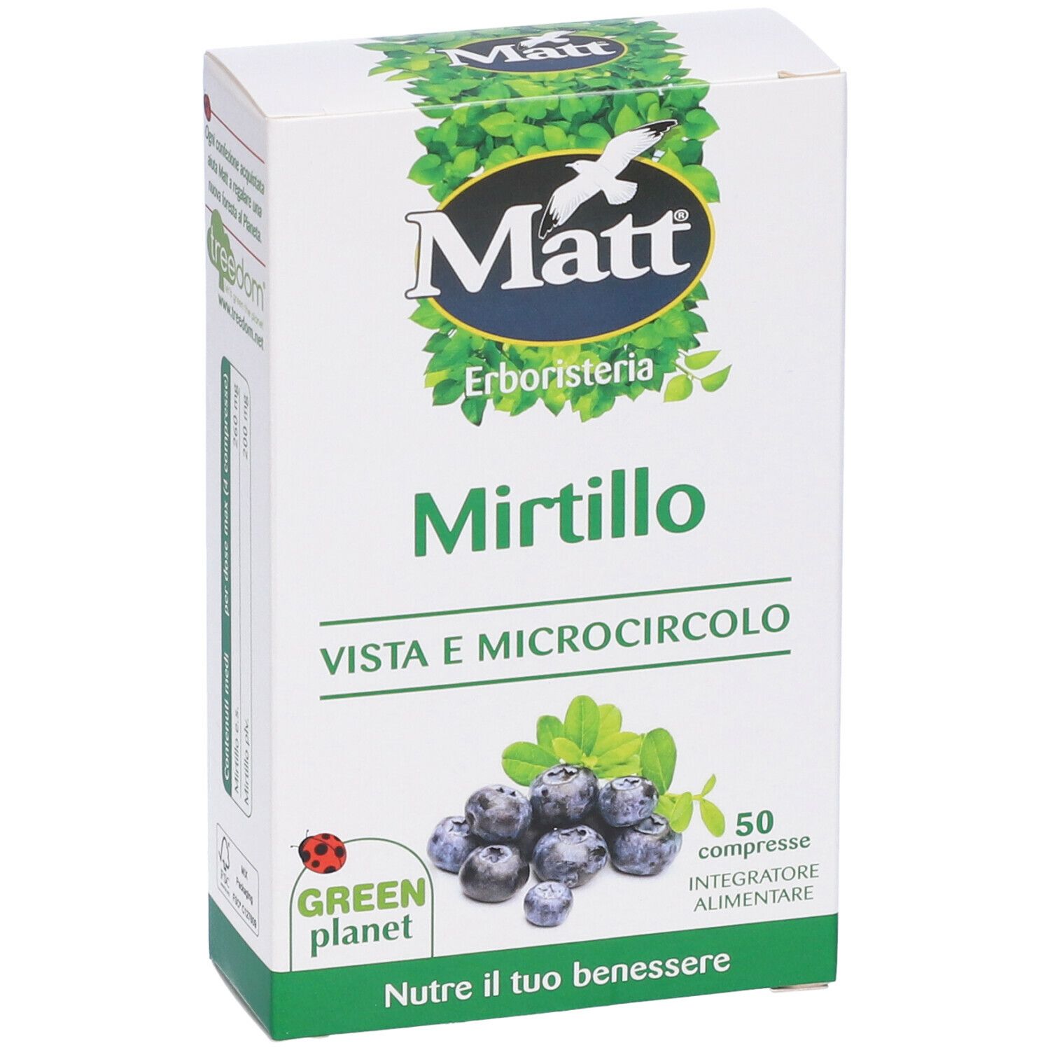 Scatola bianca con logo "Matt", scritta "Mirtillo" e illustrazione di mirtilli. Contiene 50 compresse. "Vista e Microcircolo".