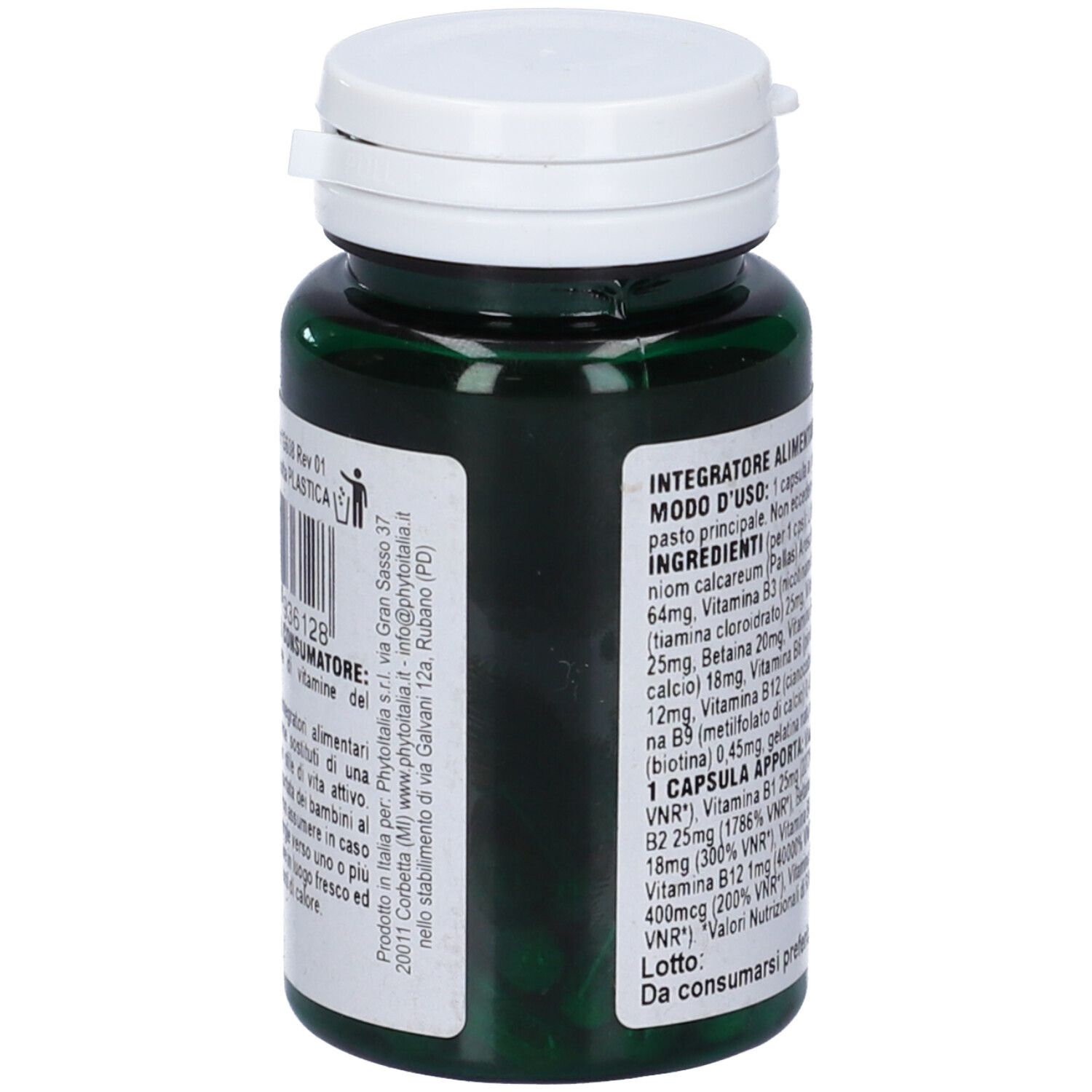 Retro del flacone verde con tappo bianco. Testo con ingredienti e informazioni produttore.
