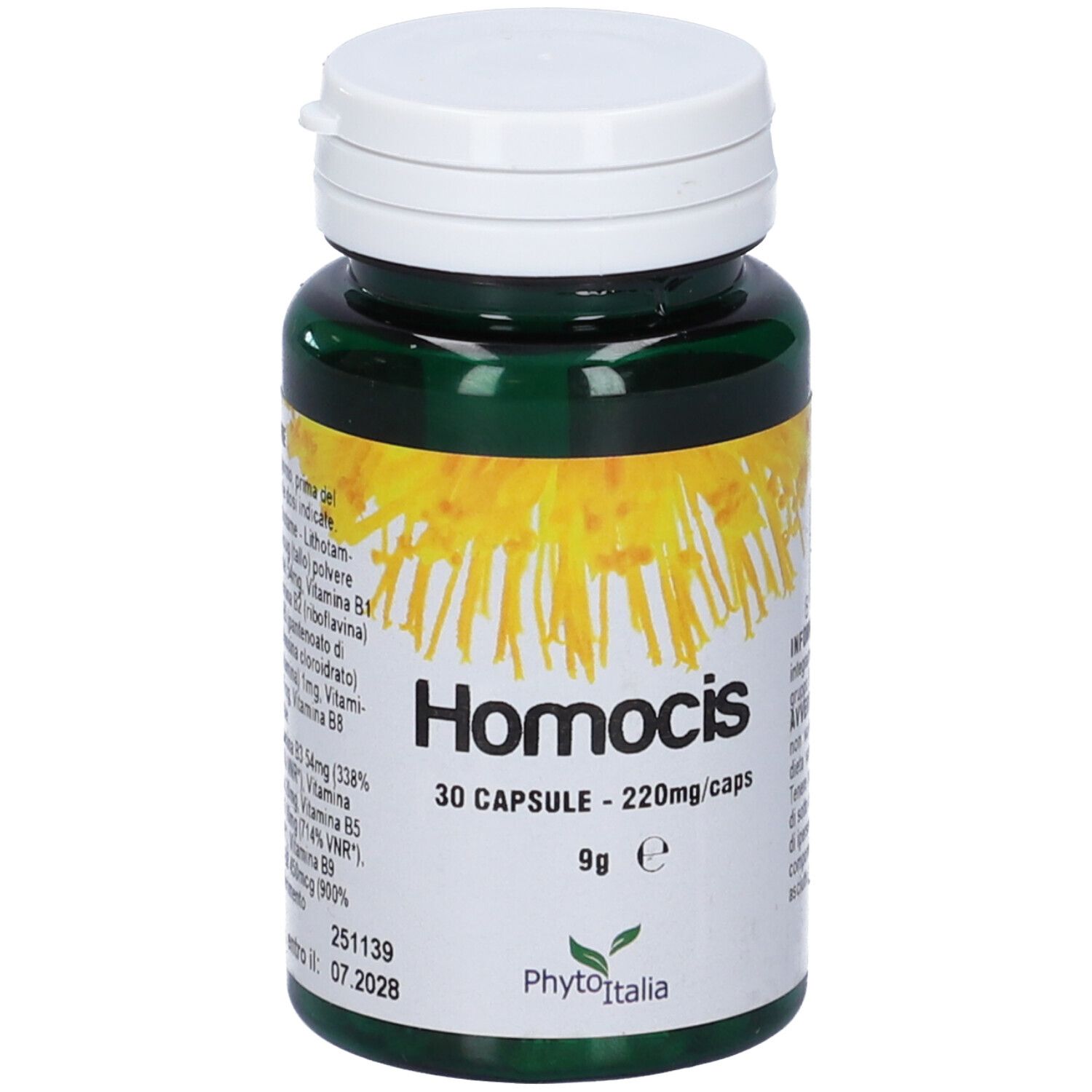 Flacone verde con tappo bianco. Scritta Homocis, 30 capsule, 220mg/caps. Marchio Phytoitalia.
