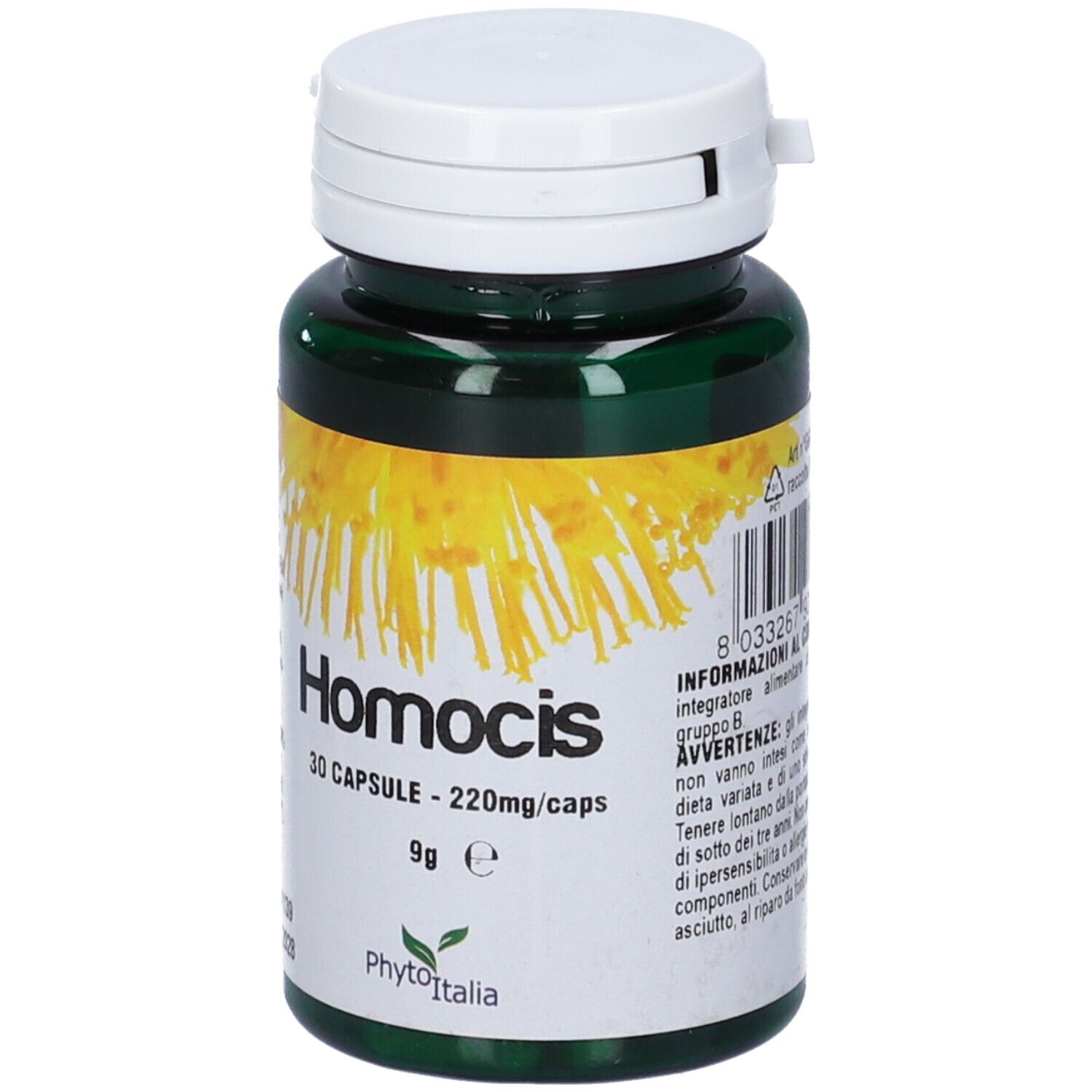 Flacone verde con tappo bianco. Scritta Homocis, 30 capsule, 220mg/caps. Marchio Phytoitalia.