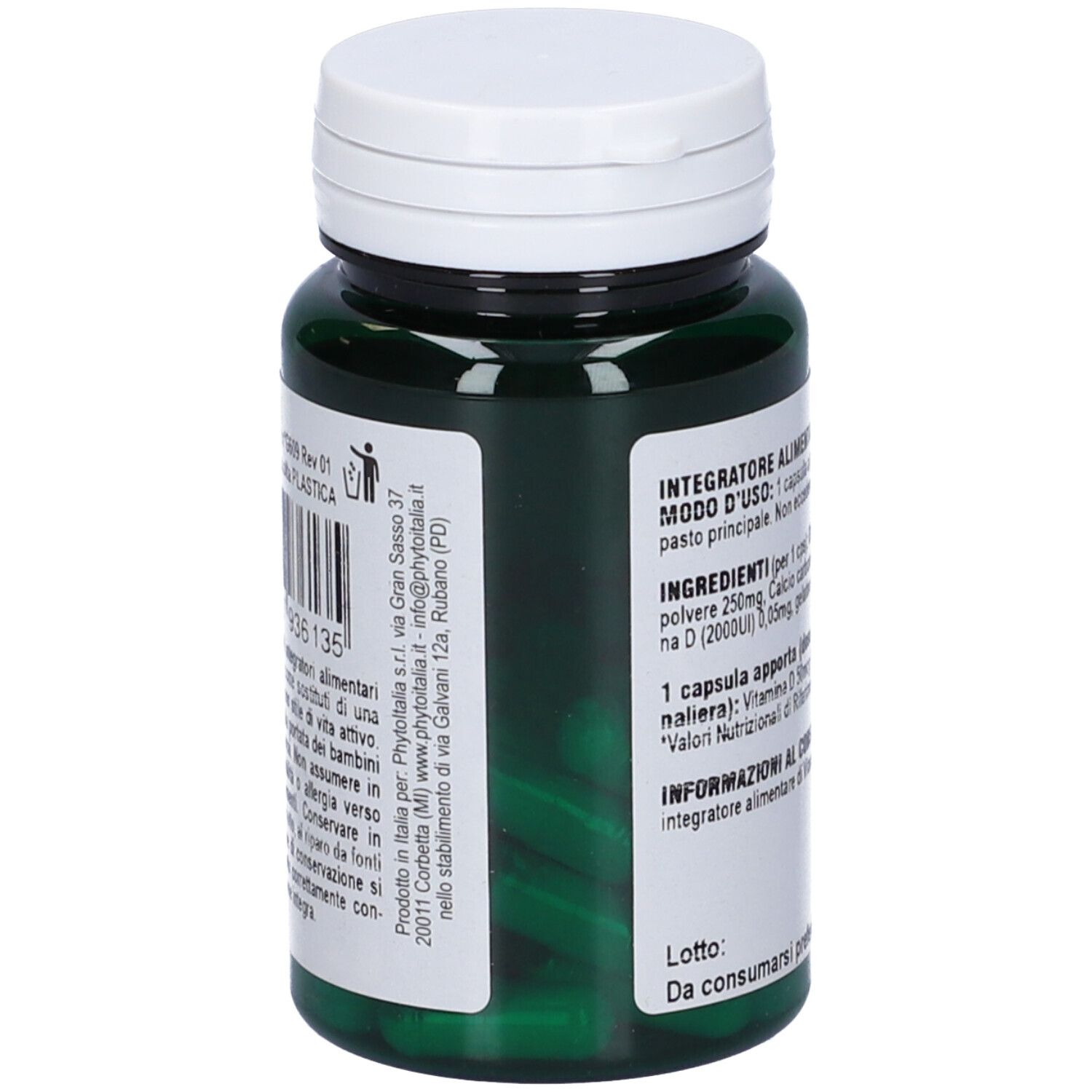 Flacone verde con tappo bianco. Retro con informazioni sugli ingredienti e l'uso. Capsule visibili.