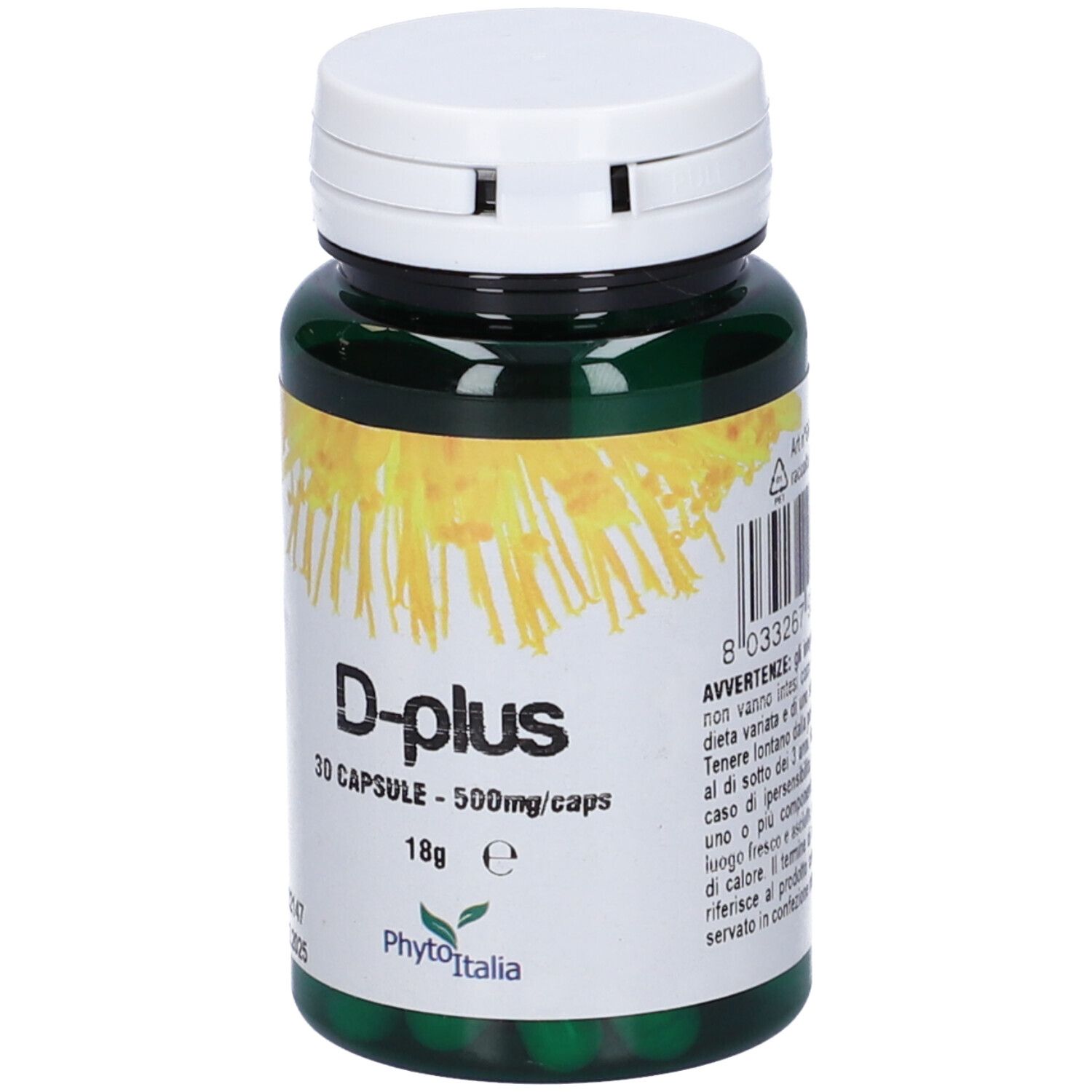Flacone verde con tappo bianco. Scritta: D-plus, 30 capsule, 500mg/caps. Logo: PhytoItalia. Data di scadenza.