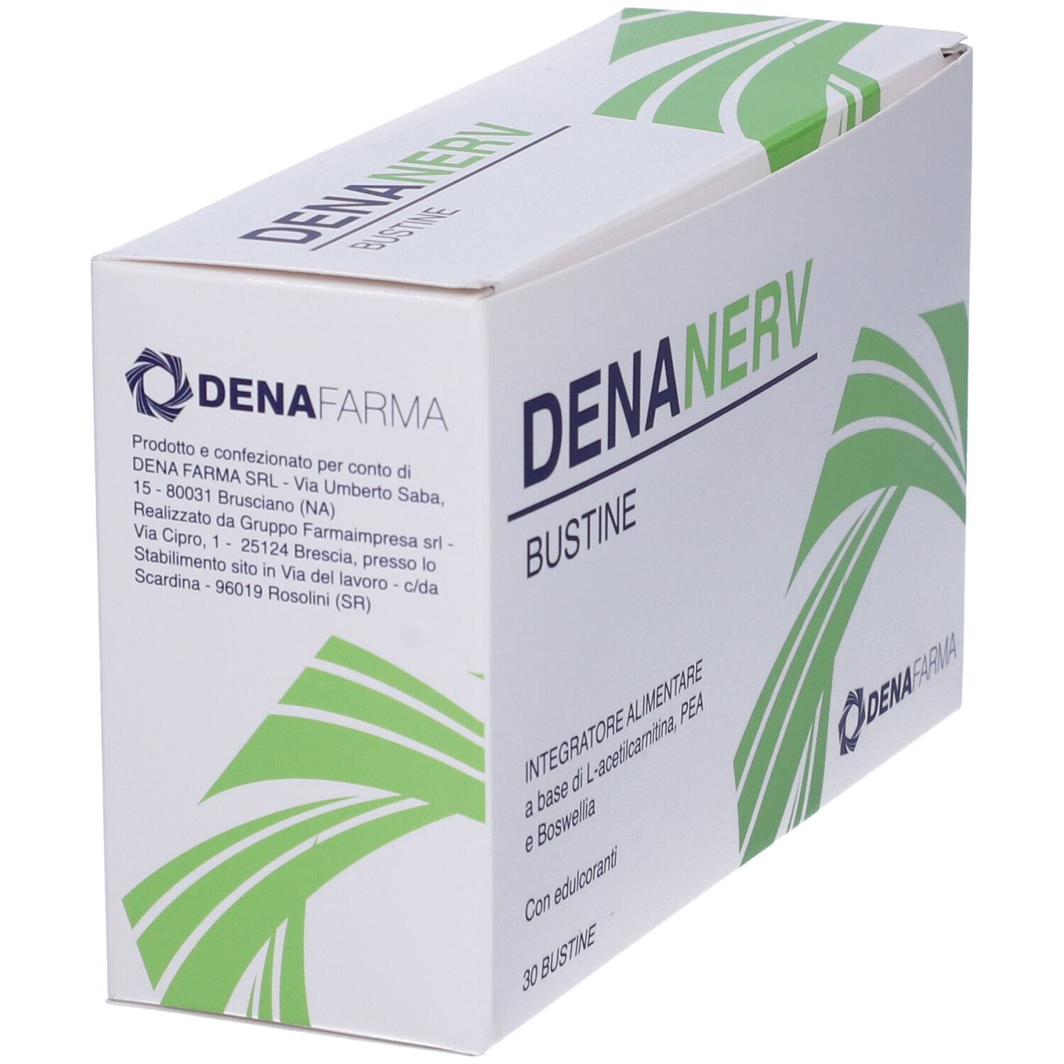 Scatola bianca, angolata. Scritta: DENANERV BUSTINE. Logo: DenaFarma. Design verde. Testo sugli ingredienti.