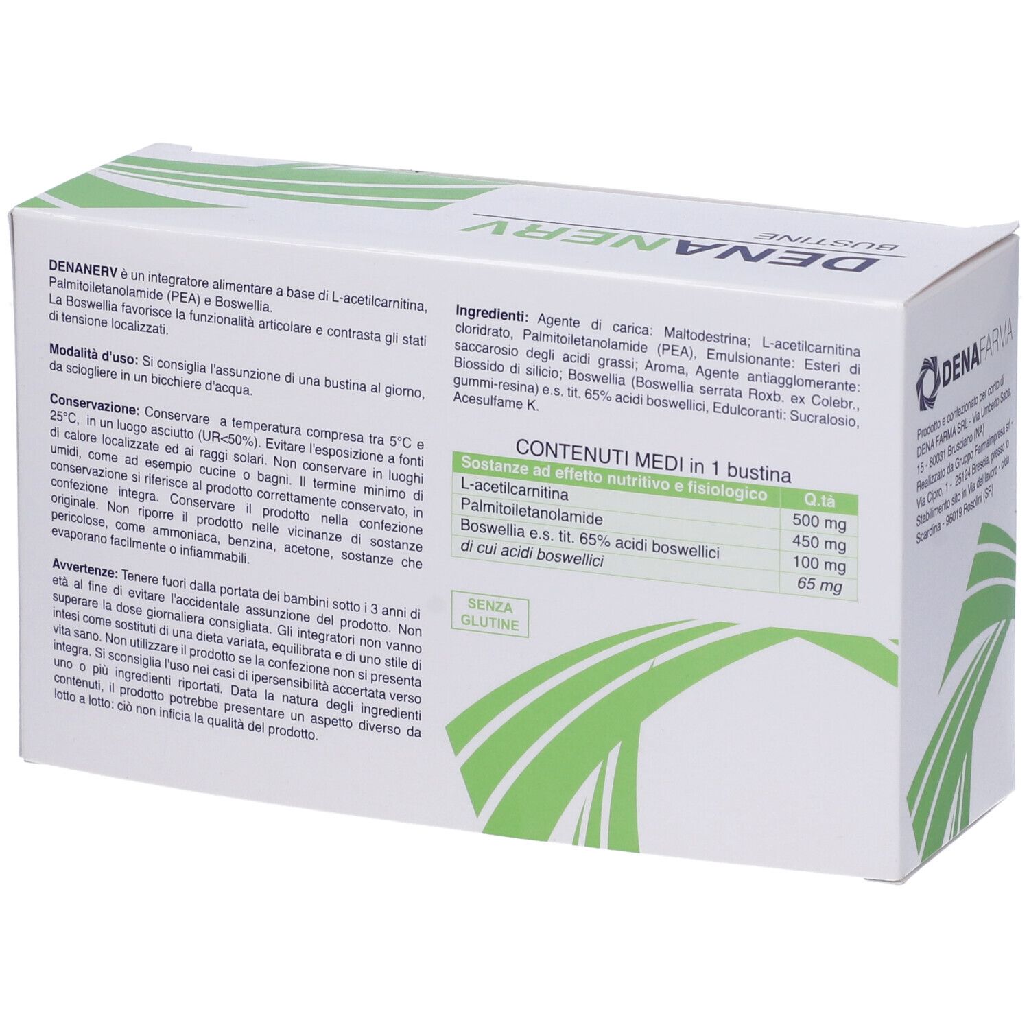 Retro della scatola bianca. Testo sugli ingredienti, valori nutrizionali e uso. Design verde.