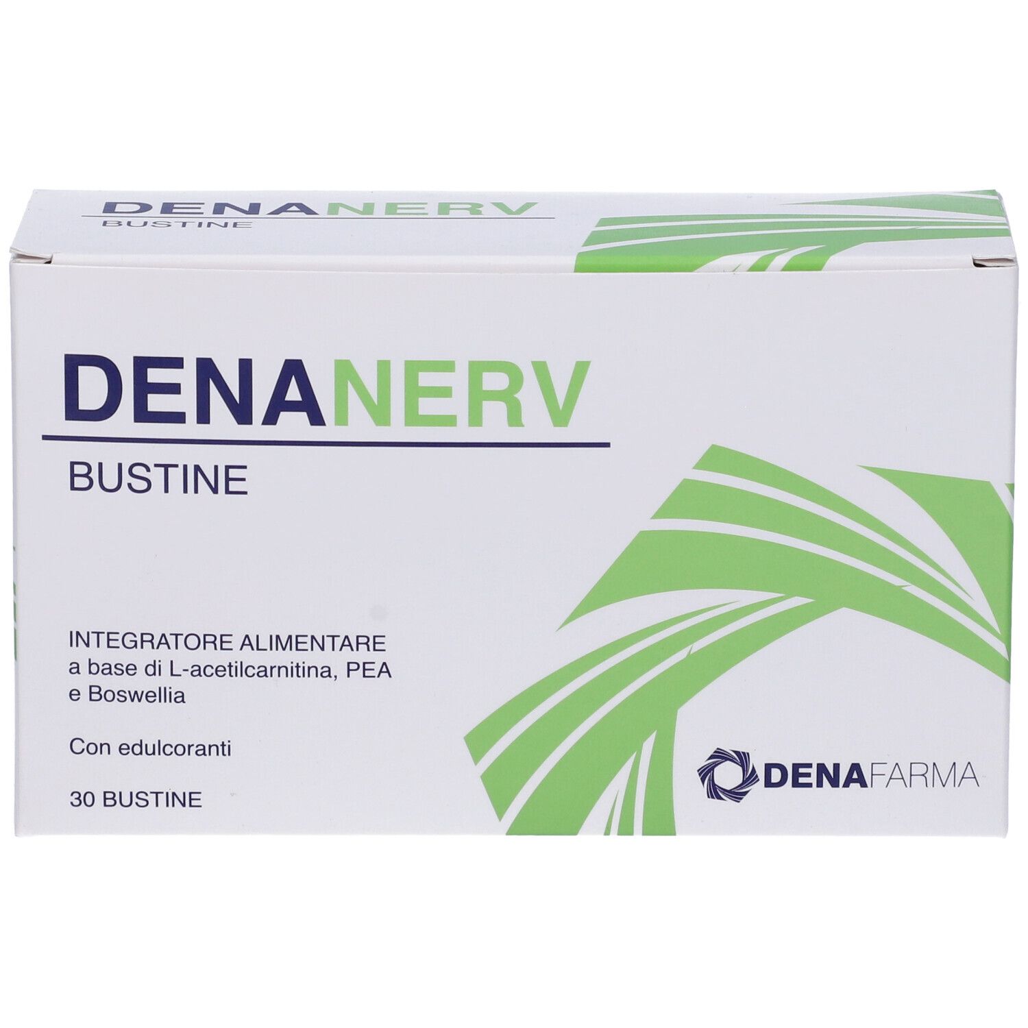Scatola bianca con design verde. Scritta: DENANERV BUSTINE. Logo: DenaFarma. Contiene 30 bustine.
