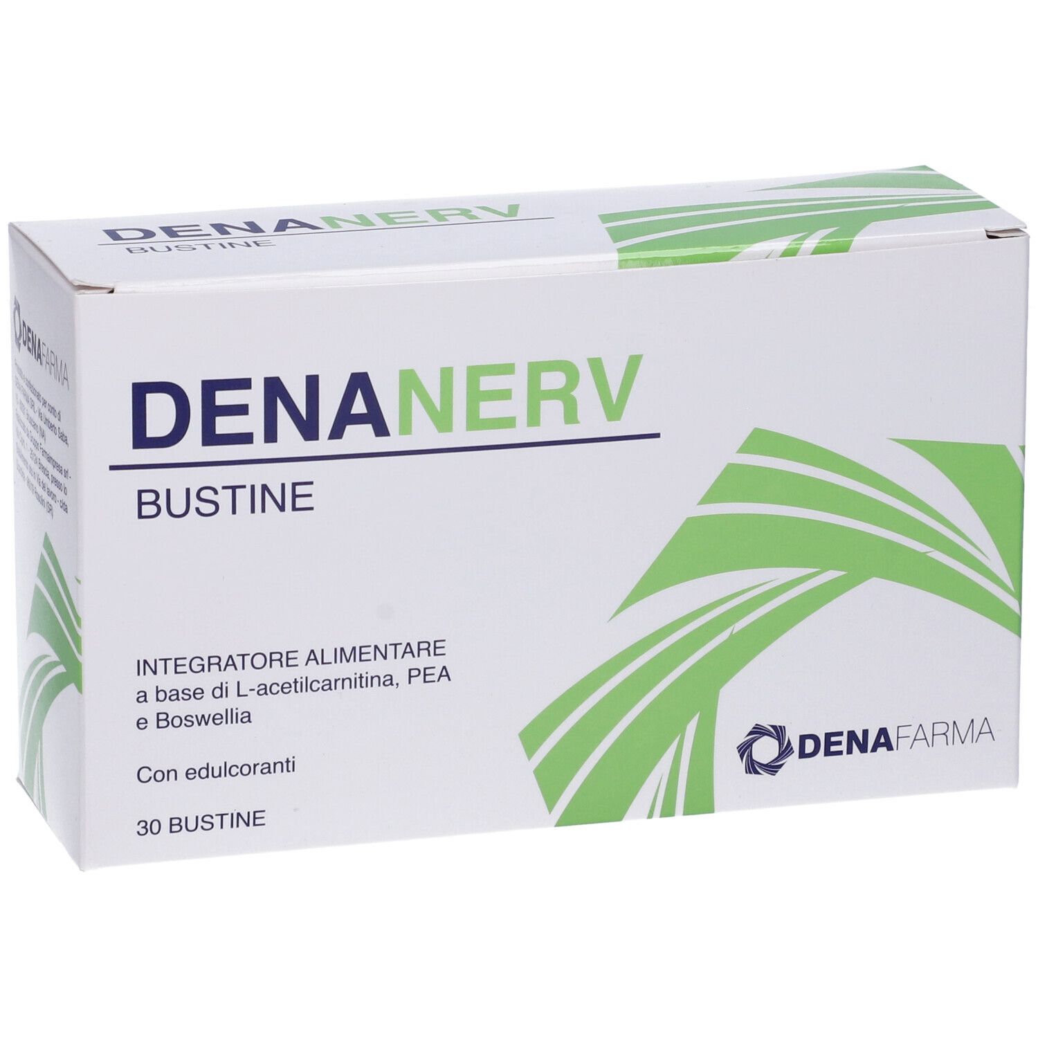 Scatola bianca con design verde. Scritta: DENANERV BUSTINE. Logo: DenaFarma. Contiene 30 bustine.