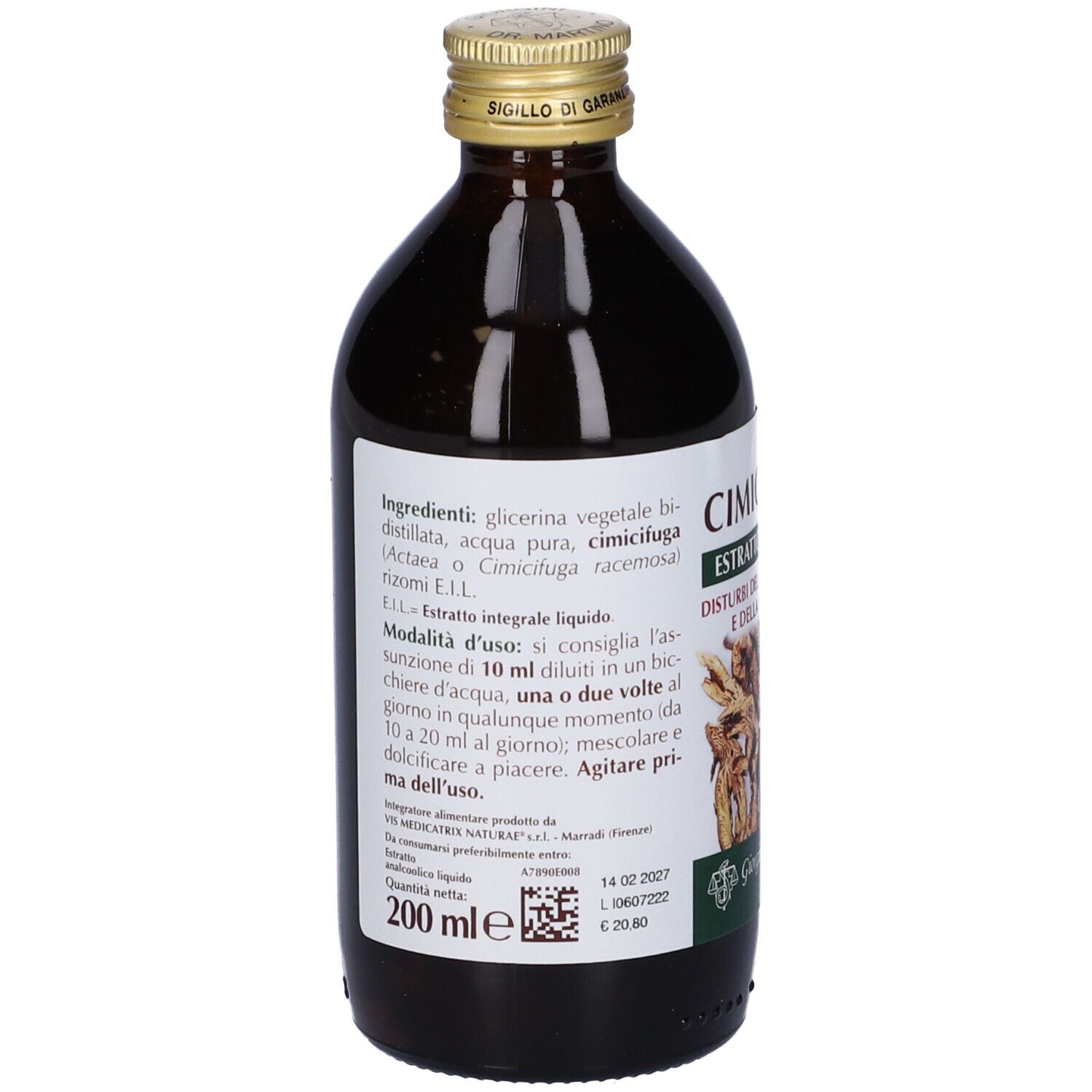 Vista posteriore di una bottiglia di vetro marrone con tappo dorato. Etichetta con ingredienti e istruzioni per l'uso. 200 ml.