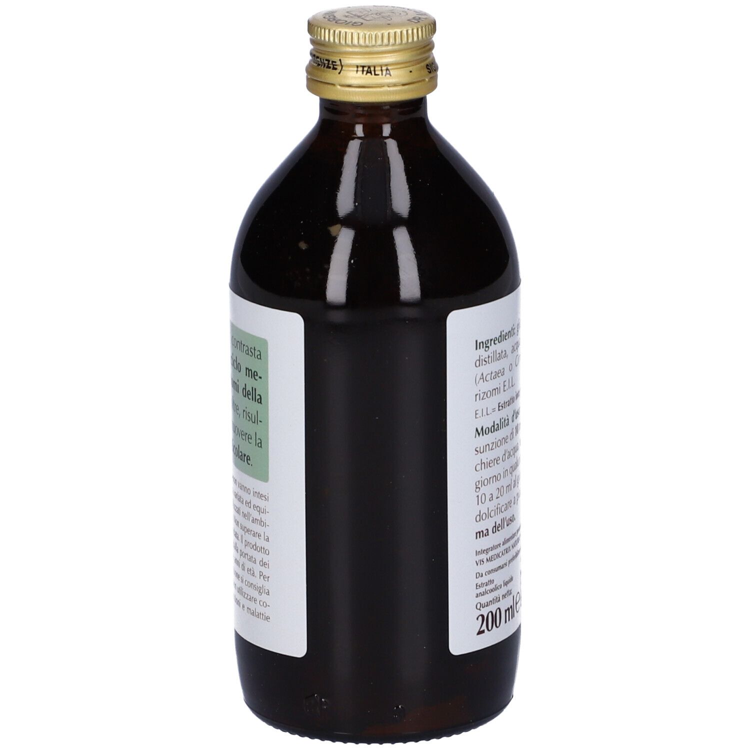 Bottiglia di vetro marrone con tappo dorato. Etichetta con testo e indicazione di 200 ml. Marchio: Giorgini Dr. Martino.