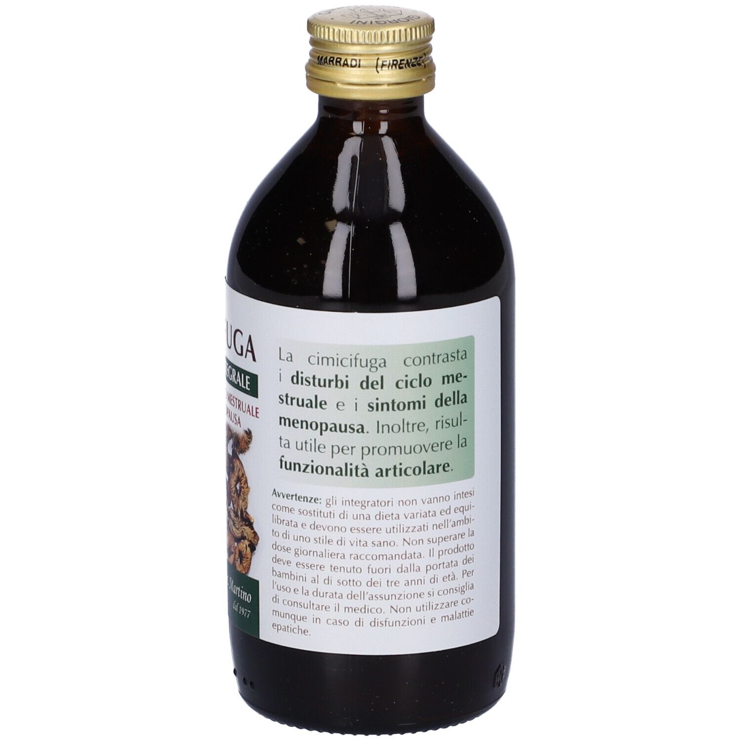 Bottiglia di vetro marrone con tappo dorato. Etichetta con testo sulla menopausa e la funzione articolare. Marchio: Giorgini Dr. Martino.