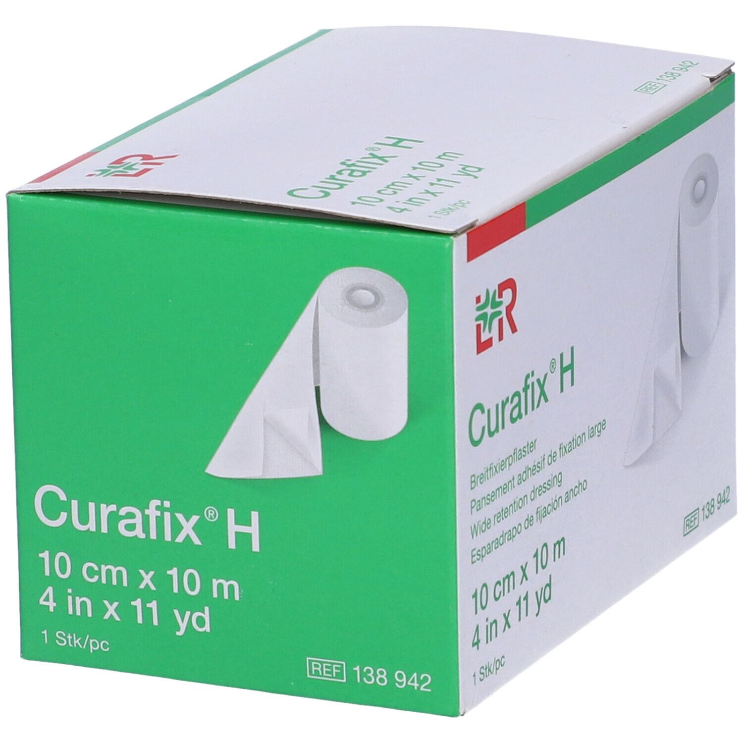 Confezione verde di Curafix® H. Medicazione bianca visibile. Stampa: 10 cm x 10 m, 1 pz. Logo LR.