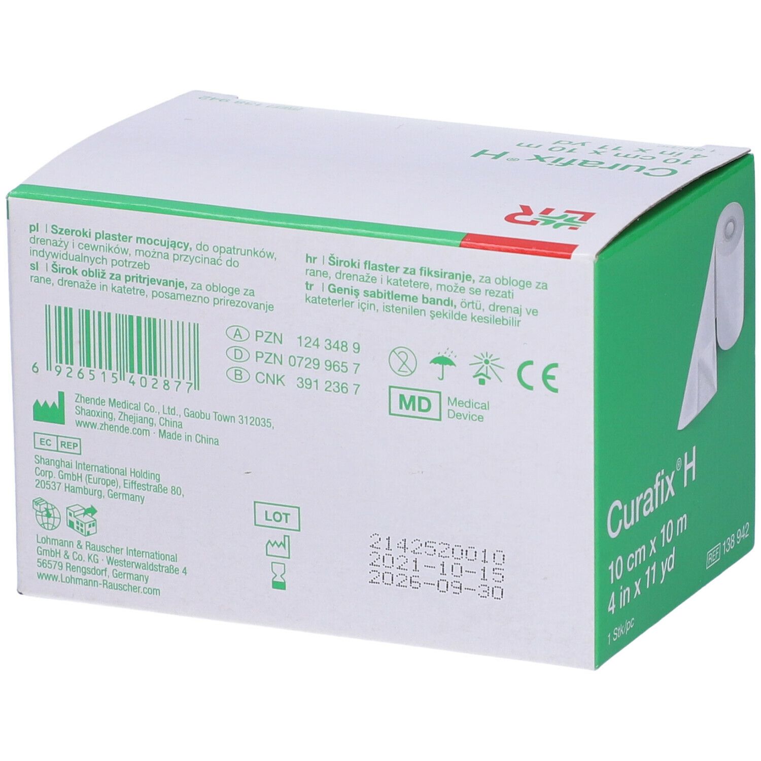 Retro della confezione Curafix® H. Codice a barre, marchio CE, simbolo MD. Testo multilingue.