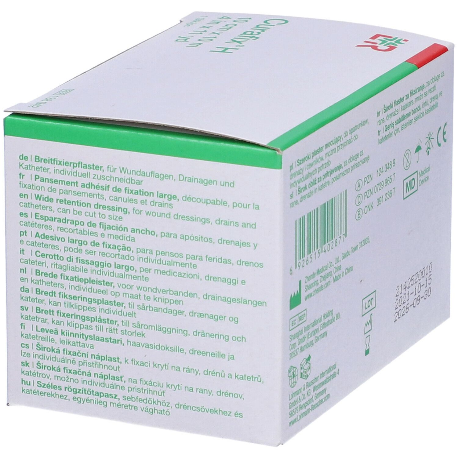 Retro della confezione Curafix® H. Testo multilingue. Marchio CE, simbolo MD.
