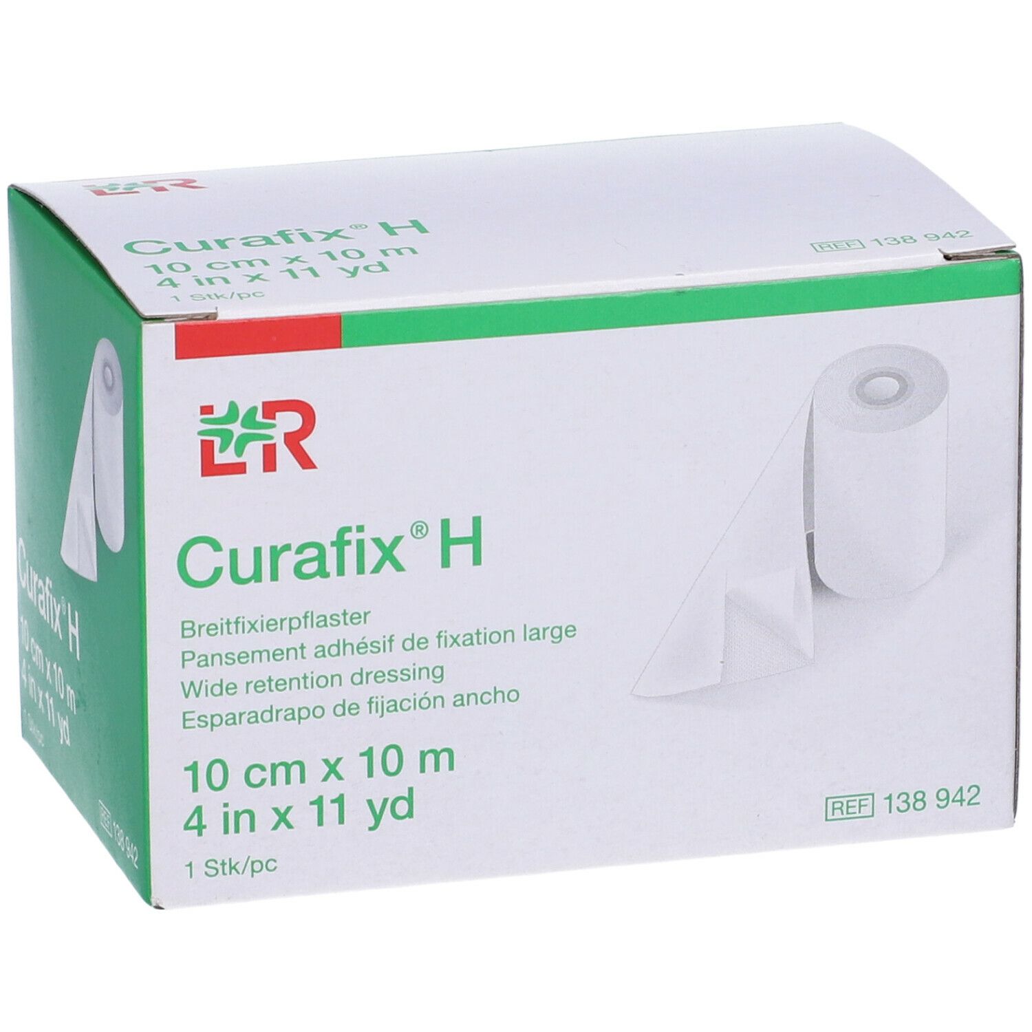 Confezione verde di Curafix® H. Medicazione bianca visibile. Stampa: 10 cm x 10 m, 1 pz. Logo LR.