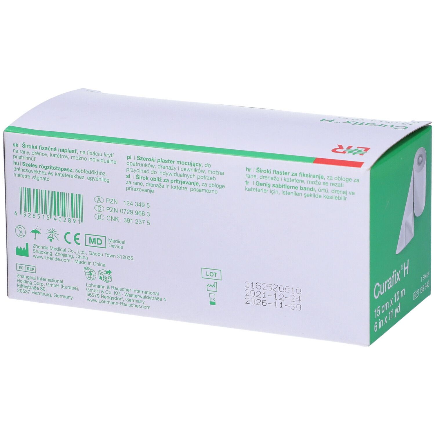 Retro della confezione Curafix® H. Testo multilingue. Logo LR e certificazioni. Data di scadenza.