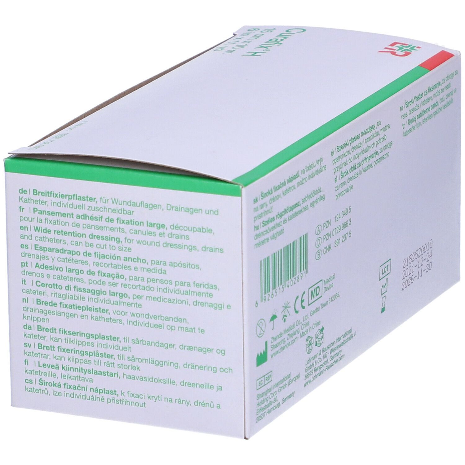 Confezione di Curafix® H. Testo multilingue. Logo LR e informazioni sul prodotto. Certificazioni.