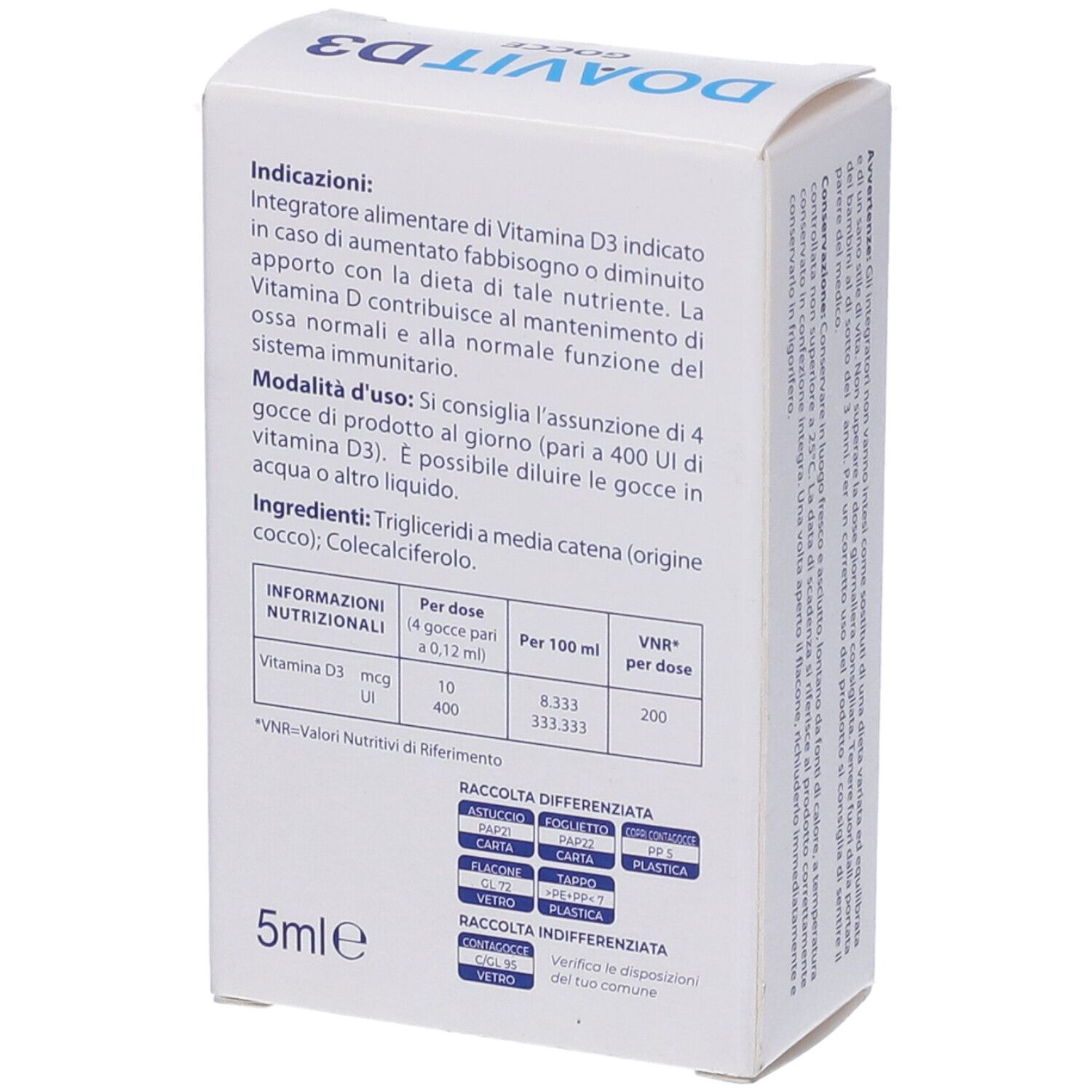 Retro della confezione DOAVIT D3 Gocce. Contiene vitamina D3. Informazioni nutrizionali e istruzioni per l'uso in italiano.