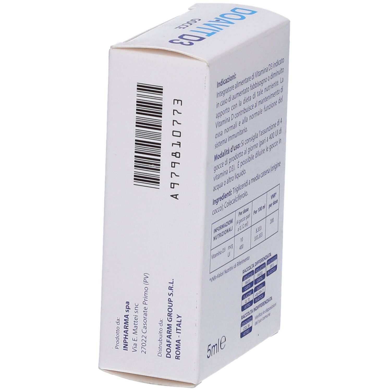 Vista laterale della confezione DOAVIT D3 Gocce. Contiene vitamina D3. Codice a barre e informazioni del produttore in italiano.