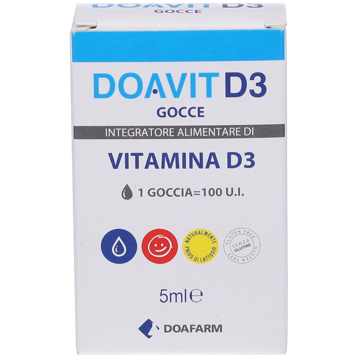 Confezione DOAVIT D3 Gocce. Contiene vitamina D3. 5 ml. Loghi senza glutine e lattosio. Confezione blu e bianca.