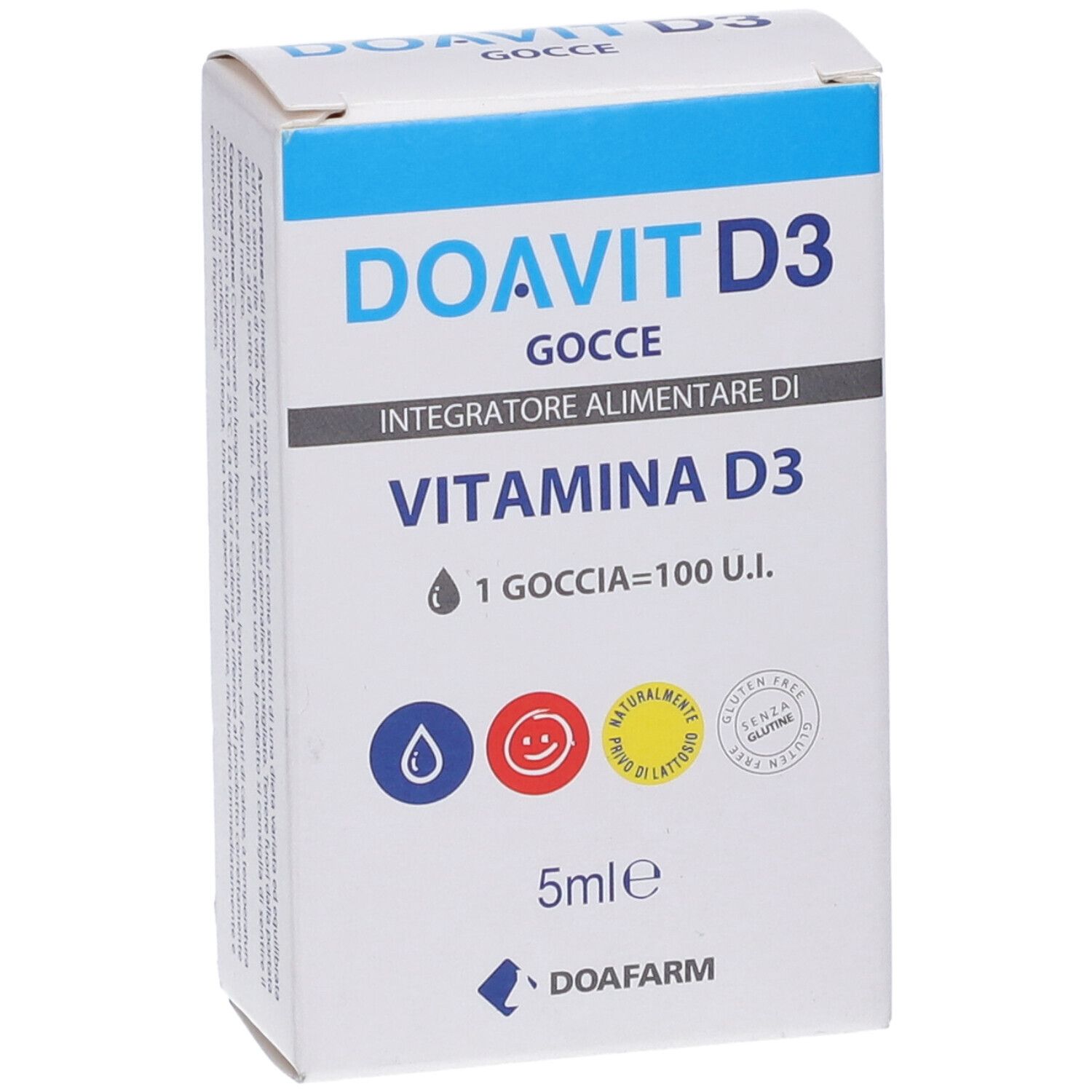 Confezione DOAVIT D3 Gocce. Contiene vitamina D3. 5 ml. Loghi senza glutine e lattosio. Confezione blu e bianca.