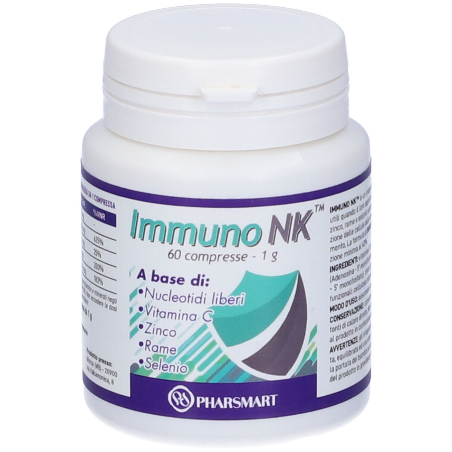Flacone bianco con tappo. Scritta Immuno NK, 60 compresse, 1g. Contiene Nucleotidi liberi, vitamina C, zinco, rame e selenio.