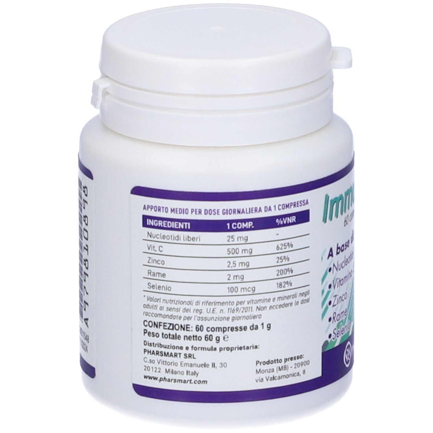 Retro del flacone bianco. Contiene informazioni su ingredienti, dosaggio e avvertenze. Contiene Nucleotidi liberi, vitamina C, zinco, rame e selenio.