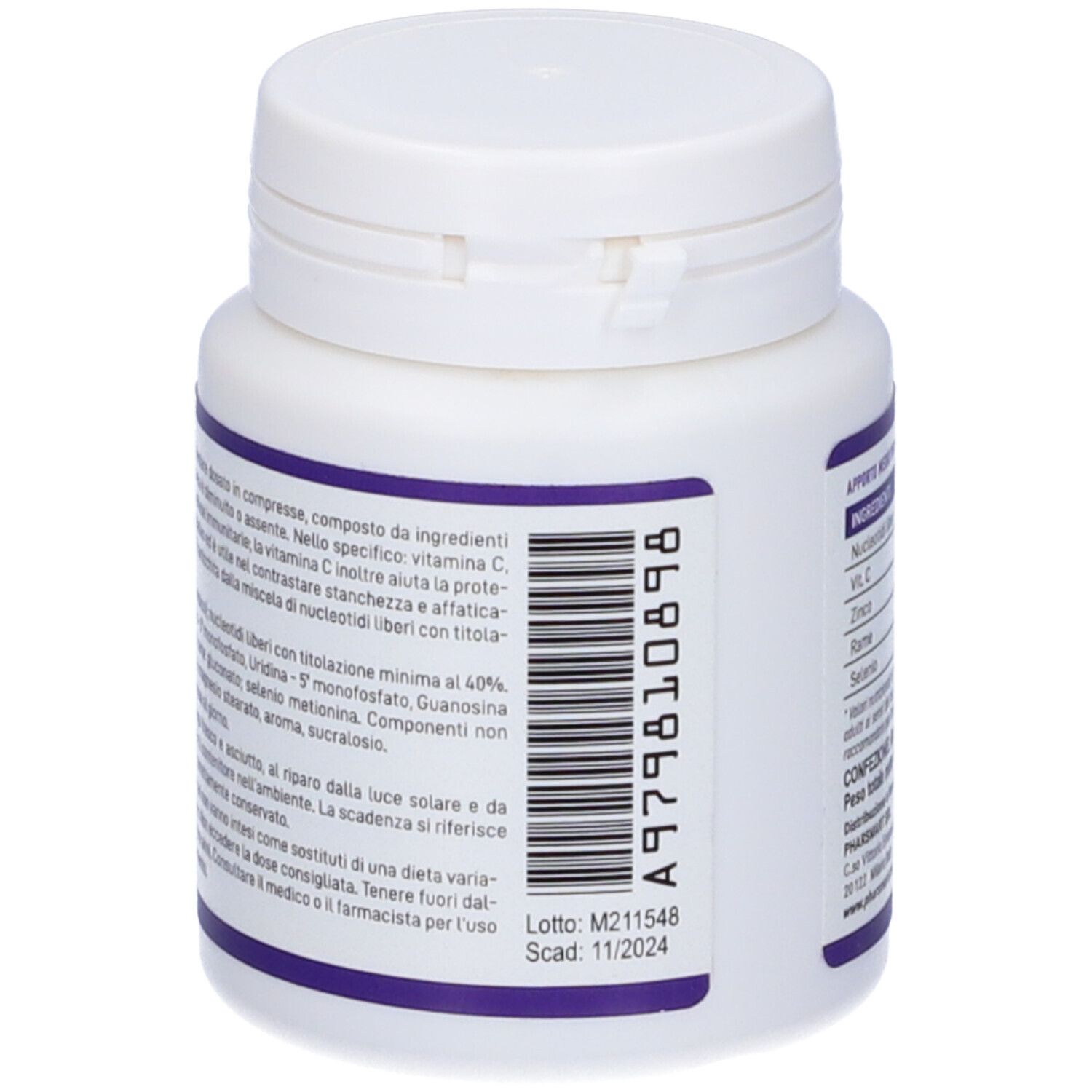 Retro del flacone bianco. Contiene informazioni su ingredienti, dosaggio e avvertenze. Contiene Nucleotidi liberi, vitamina C, zinco, rame e selenio.