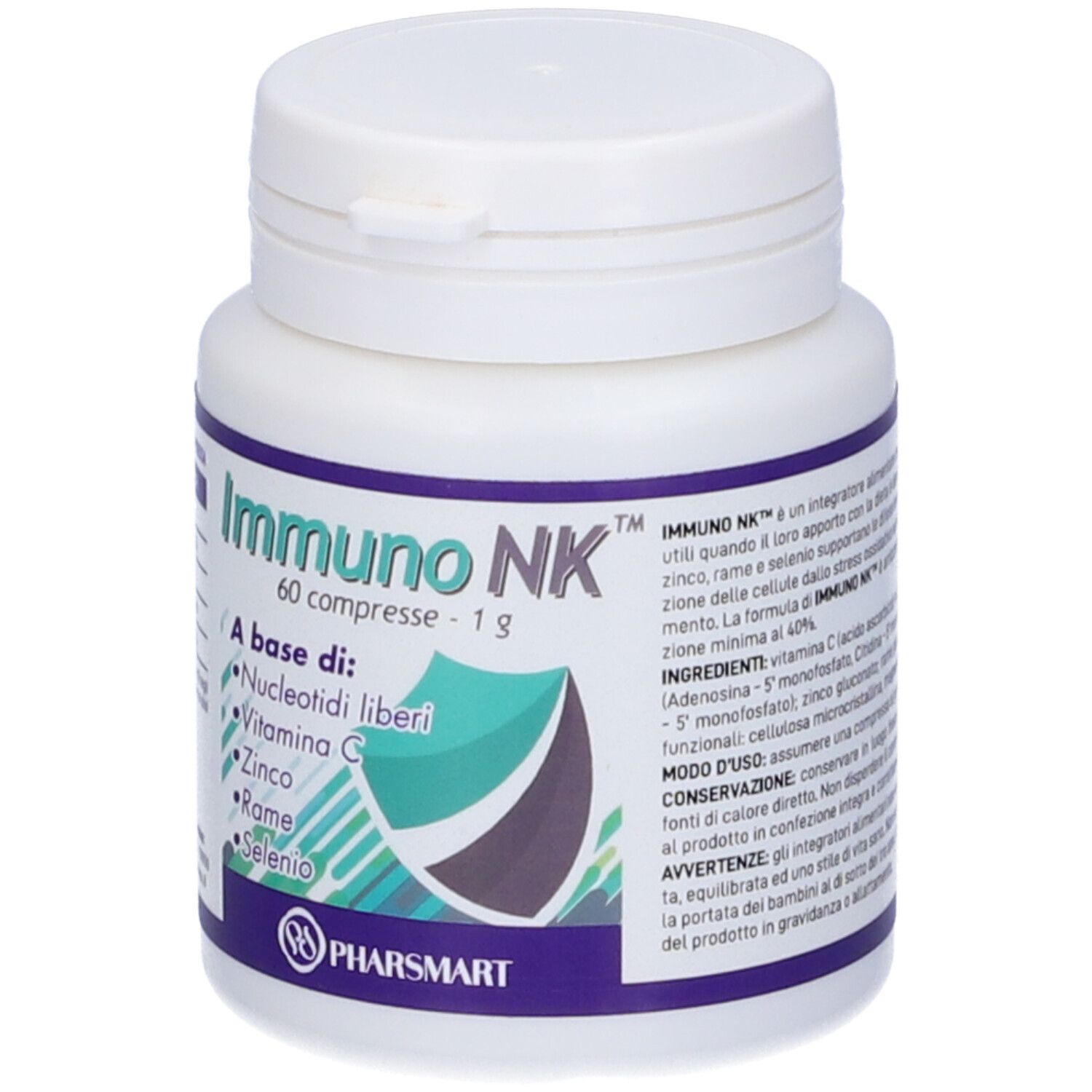Flacone bianco con tappo. Scritta Immuno NK, 60 compresse, 1g. Contiene Nucleotidi liberi, vitamina C, zinco, rame e selenio.