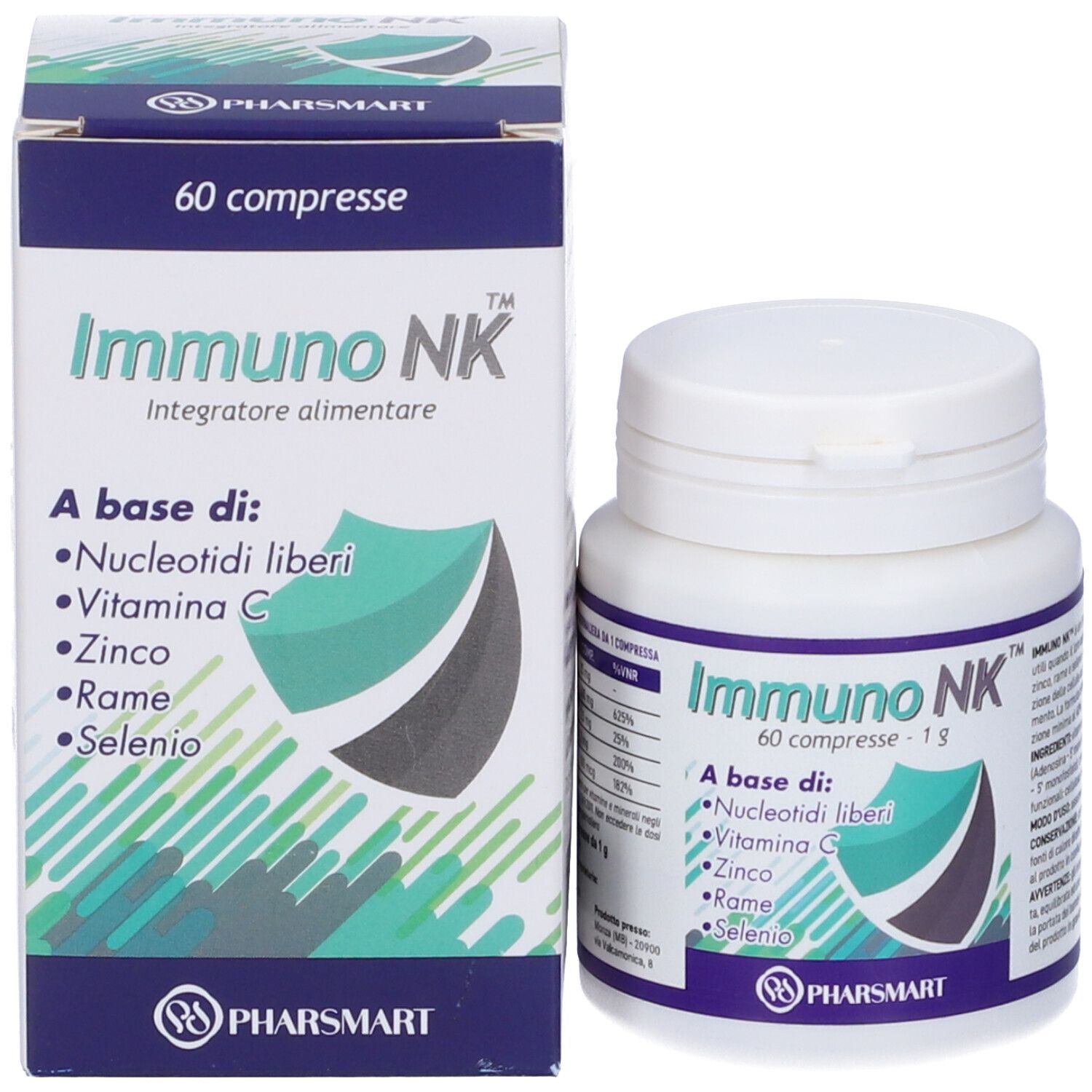 Scatola e flacone Immuno NK. Contiene 60 compresse. Contiene Nucleotidi liberi, vitamina C, zinco, rame e selenio.