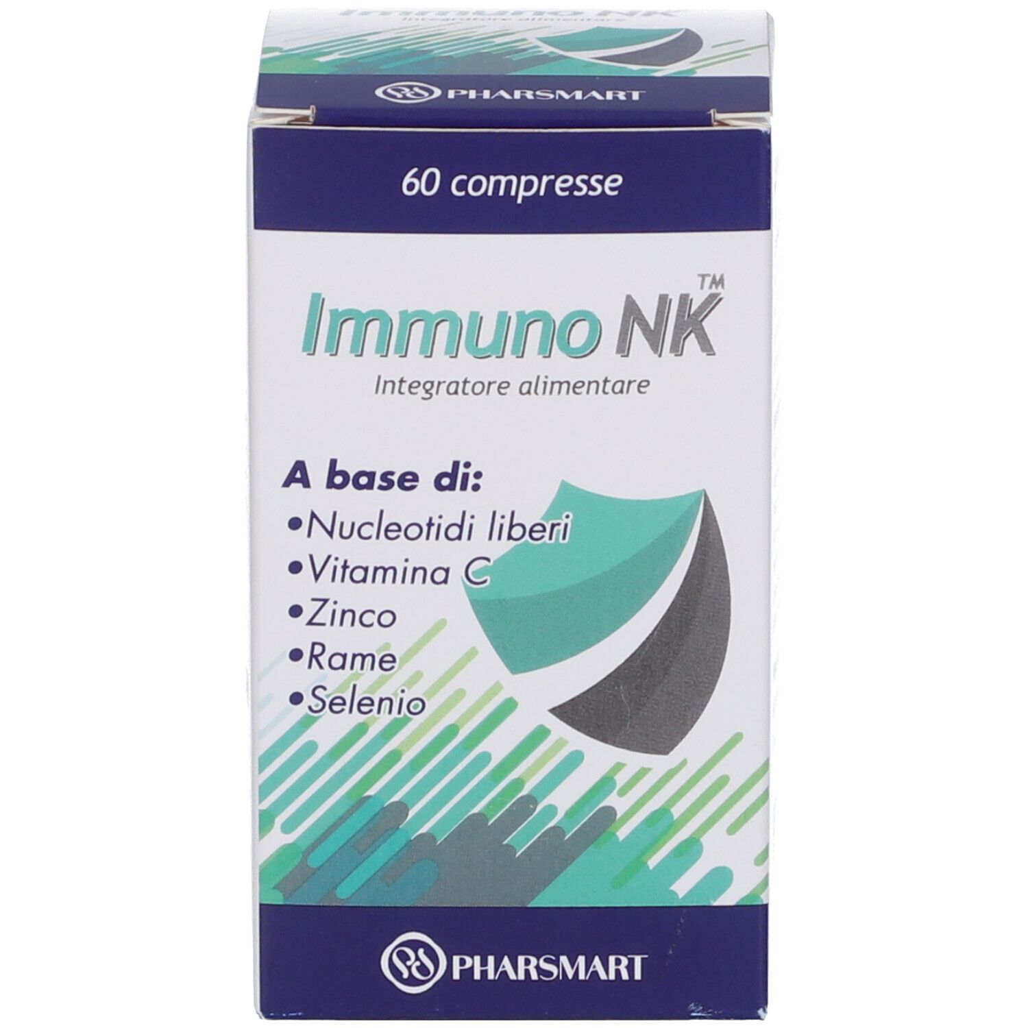 Scatola Immuno NK. Contiene 60 compresse. Contiene Nucleotidi liberi, vitamina C, zinco, rame e selenio.