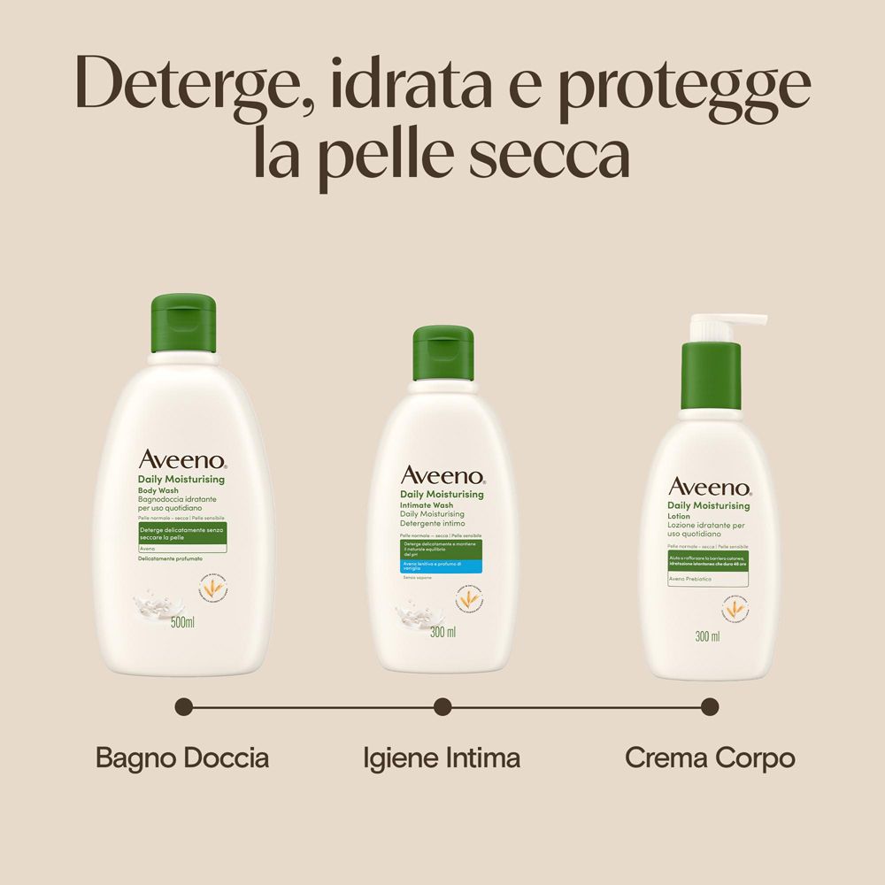 Tre prodotti Aveeno: bagnoschiuma, igiene intima e crema corpo, per pelli secche.