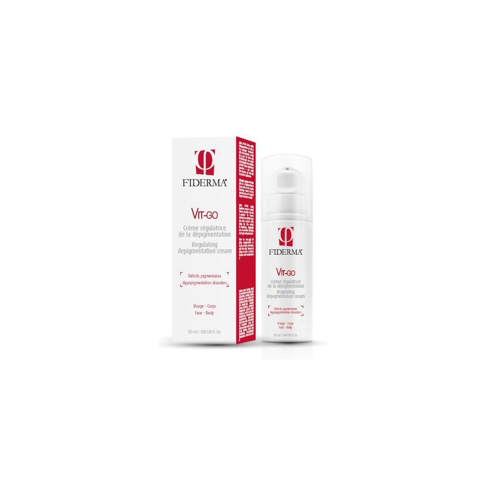 Flacone bianco con dosatore e scatola. Scritta: Fiderma Vit-Go, Crème dépigmentante, Regulating depigmentation serum.