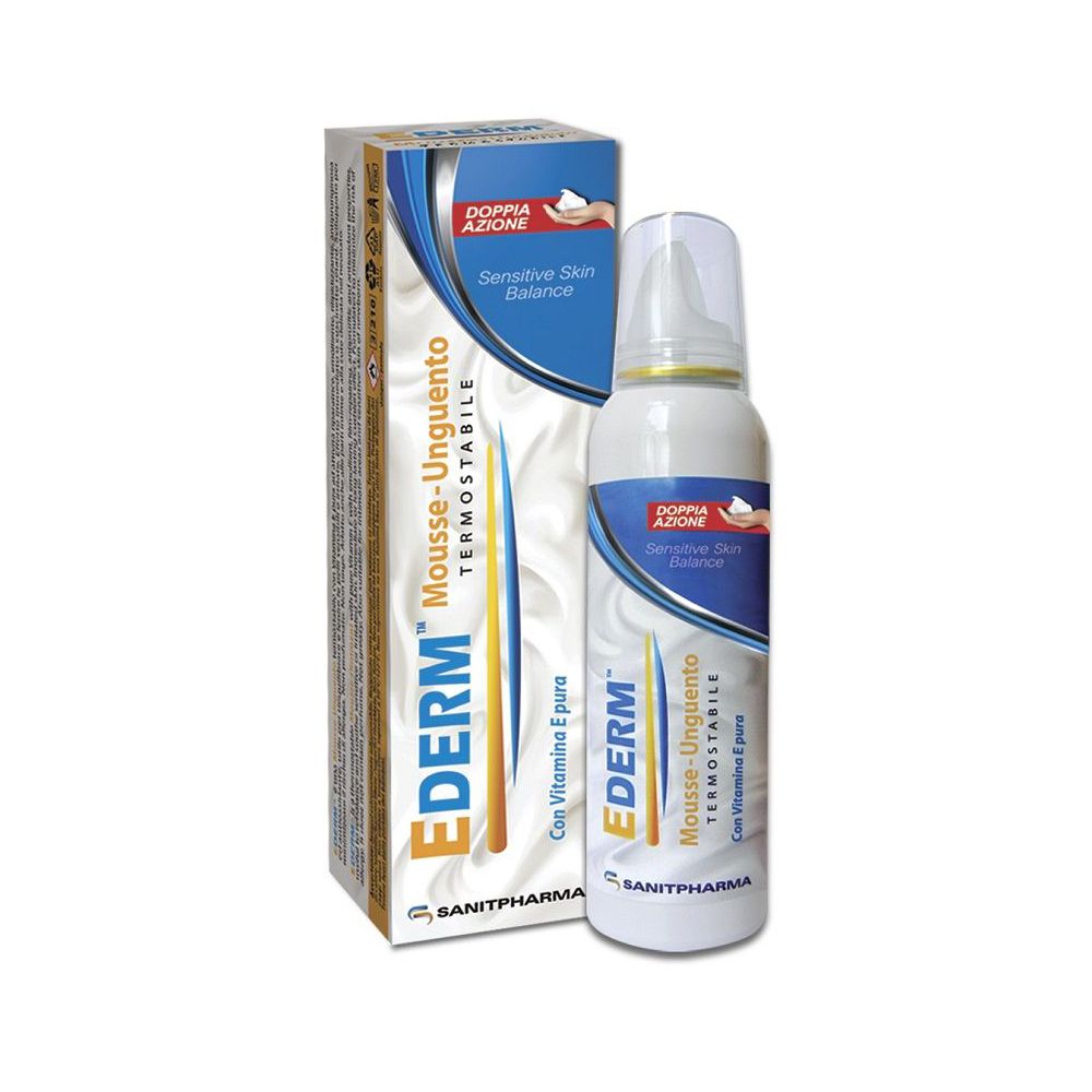 Flacone e scatola bianchi. Scritta: EderM Mousse-Unguento, con vitamina E. Logo Sanipharm.