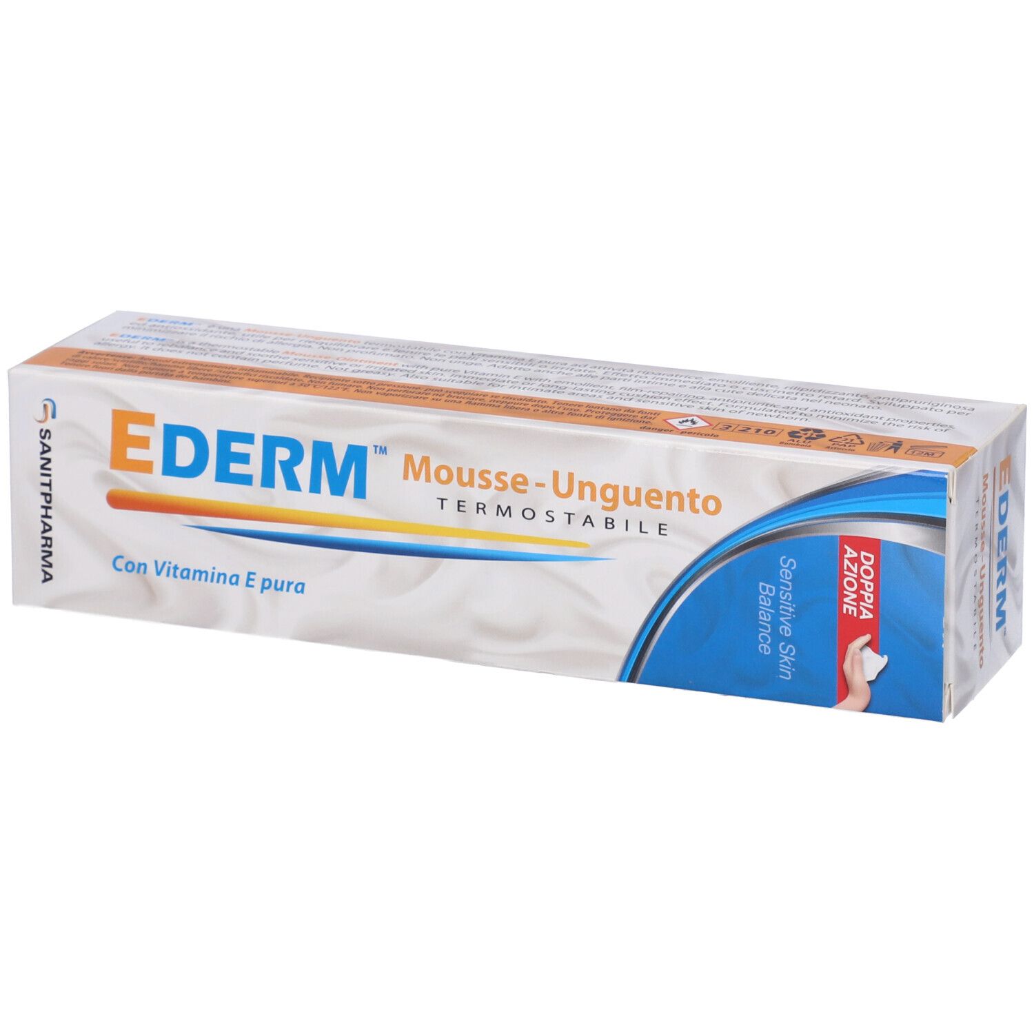 Scatola con scritta: EderM Mousse-Unguento, con vitamina E. Logo Sanipharm. Strisce blu e gialle.