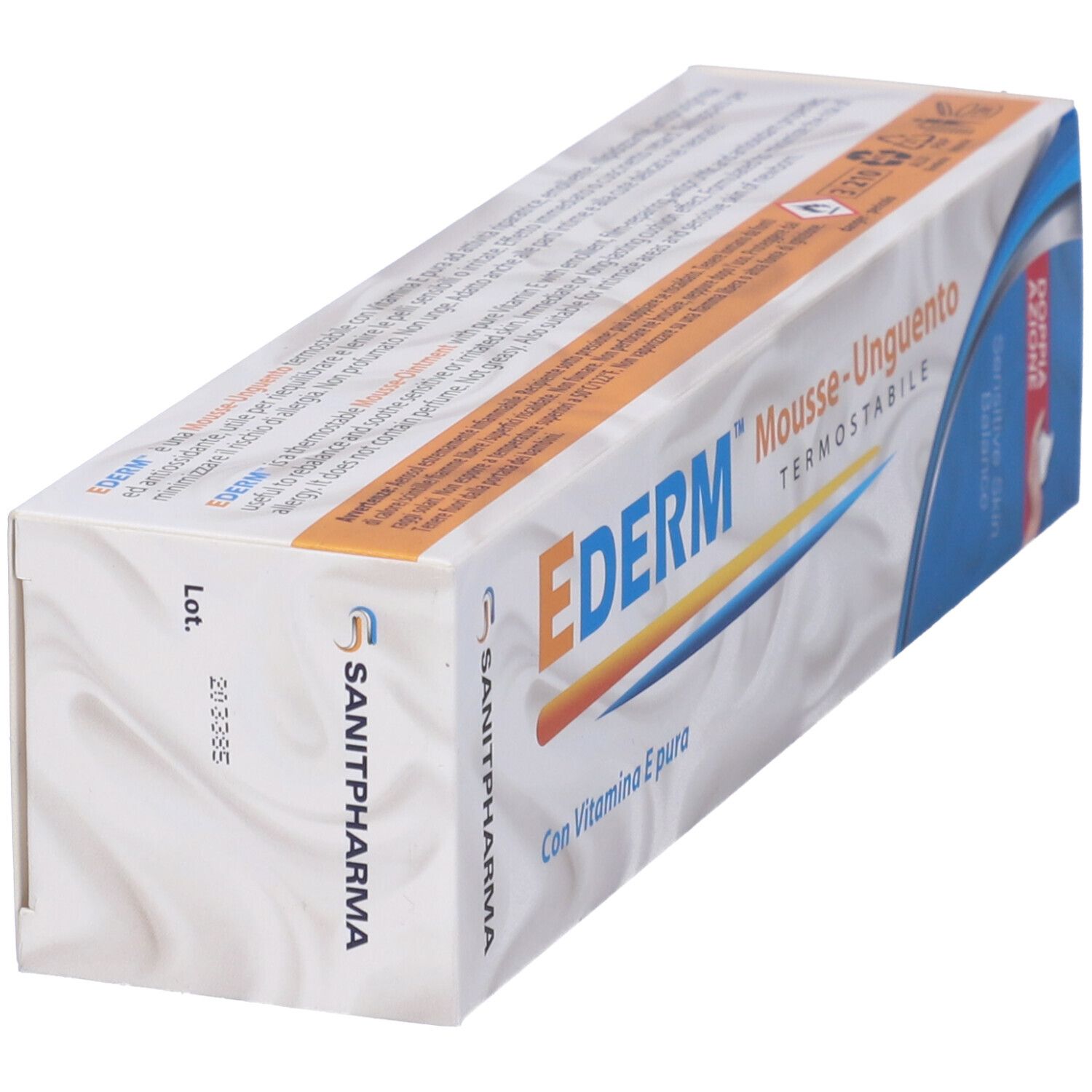 Scatola in diagonale. Scritta: EderM Mousse-Unguento, con vitamina E. Logo Sanipharm. Strisce blu e gialle.