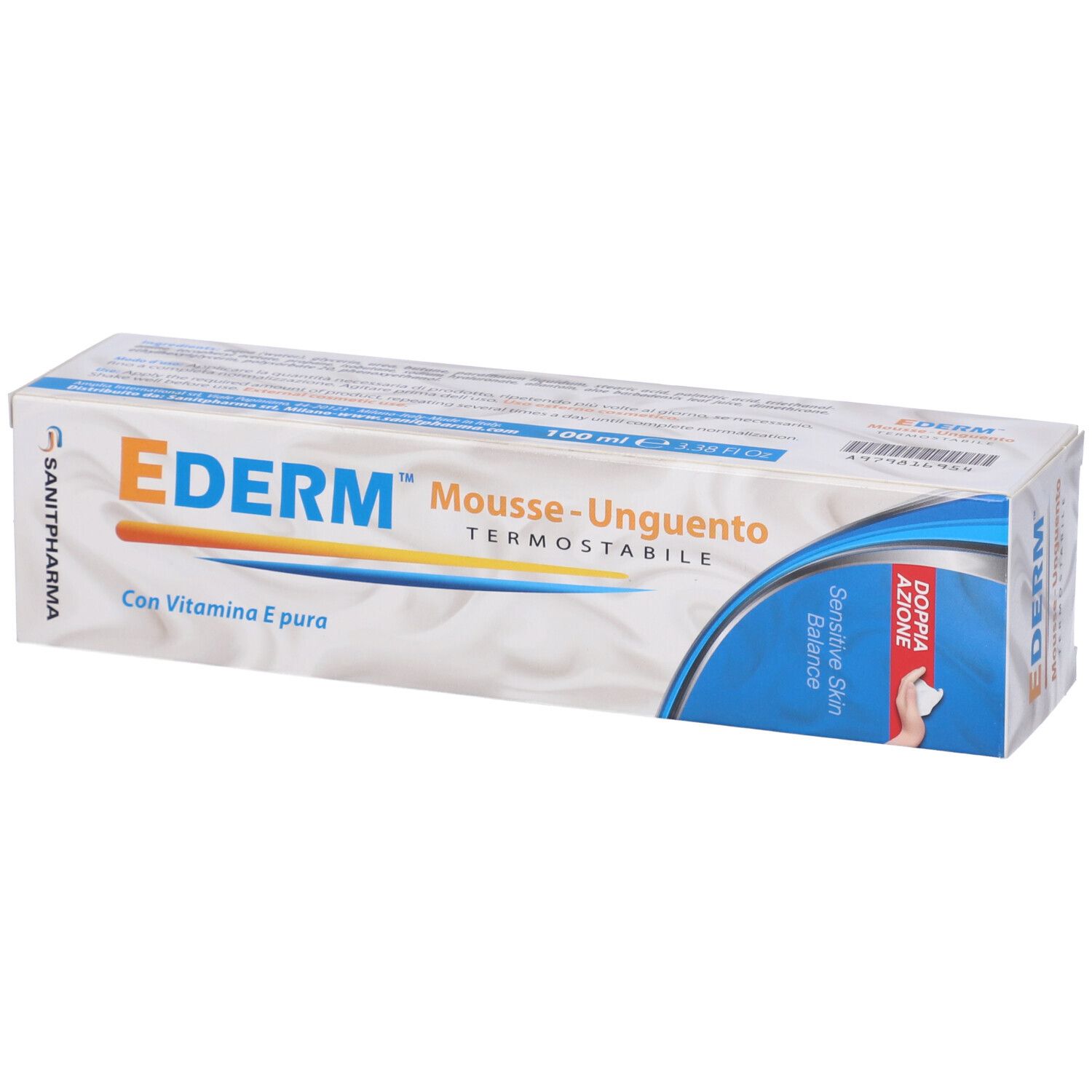 Scatola con scritta: EderM Mousse-Unguento, con vitamina E. Logo Sanipharm. 100 ml. Strisce blu e gialle.