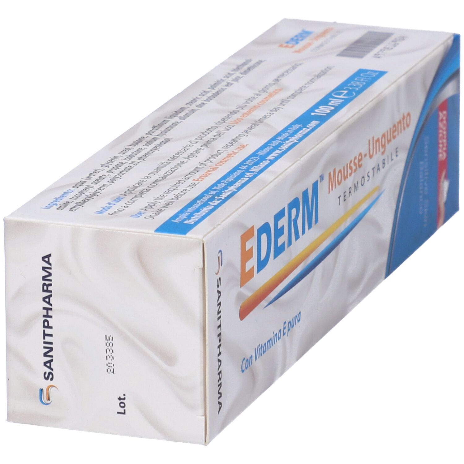 Scatola in diagonale. Scritta: EderM Mousse-Unguento, con vitamina E. Logo Sanipharm. 100 ml. Strisce blu e gialle.