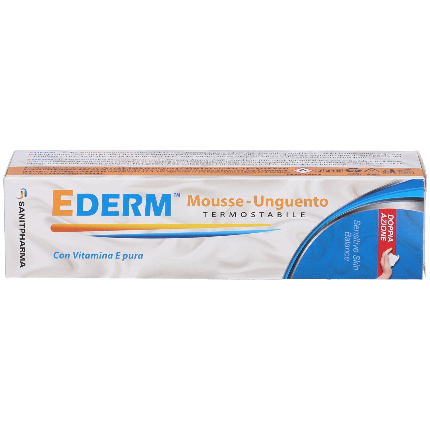 Scatola con scritta: EderM Mousse-Unguento, con vitamina E. Logo Sanipharm. Strisce blu e gialle.