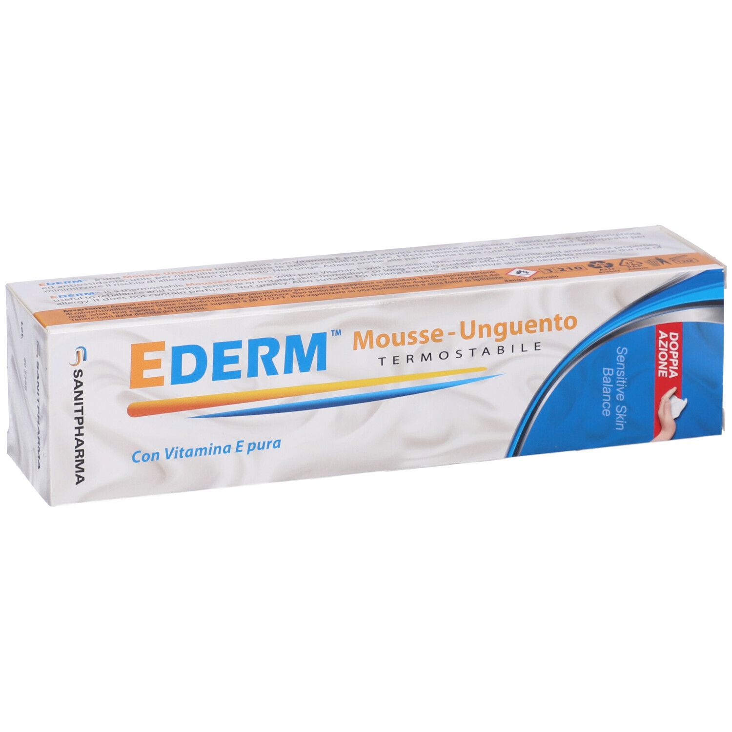 Scatola con scritta: EderM Mousse-Unguento, con vitamina E. Logo Sanipharm. Strisce blu e gialle.
