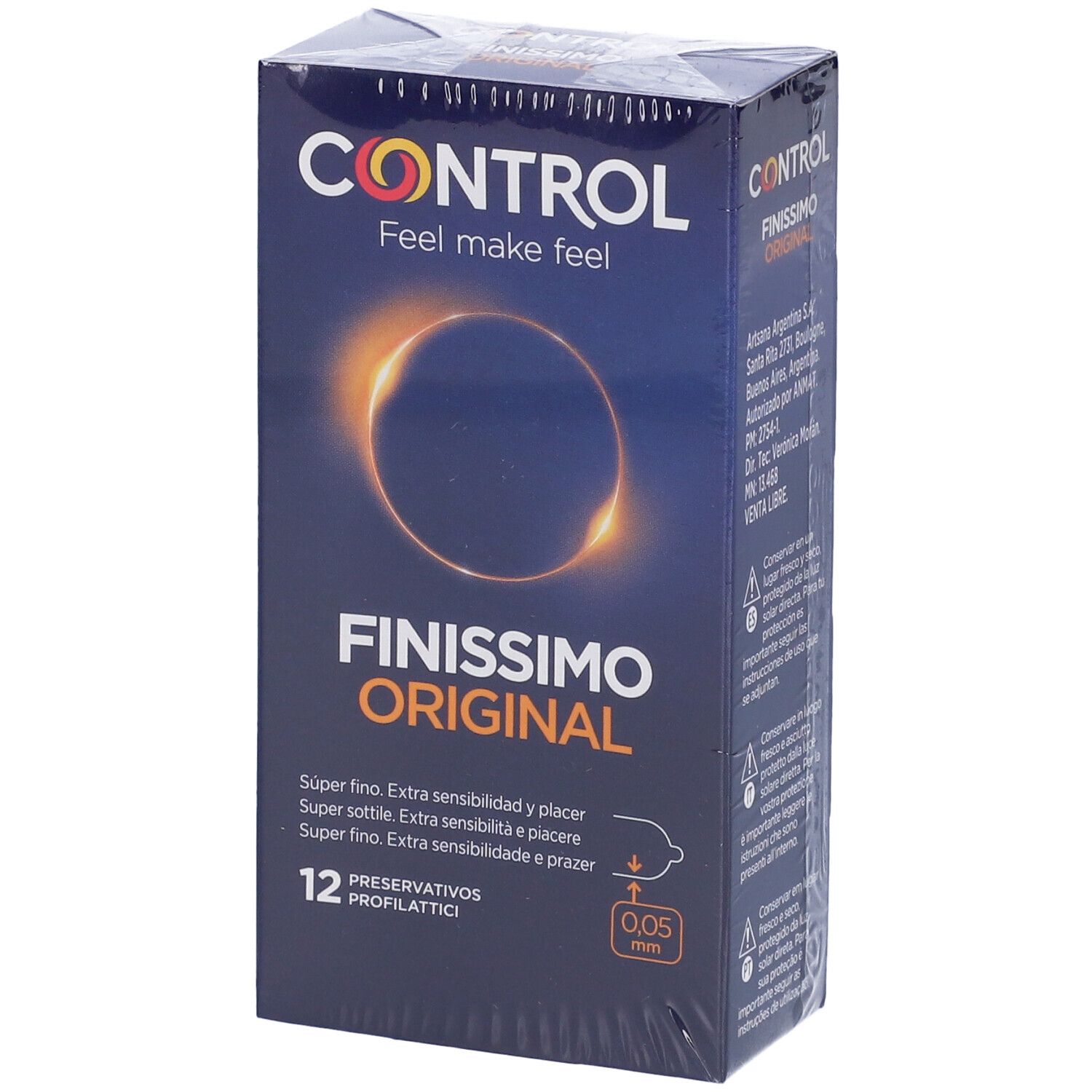 Scatola confezionata "CONTROL Finissimo Original". Contiene 12 profilattici. Logo e nome del prodotto visibili. Informazioni sulla confezione.