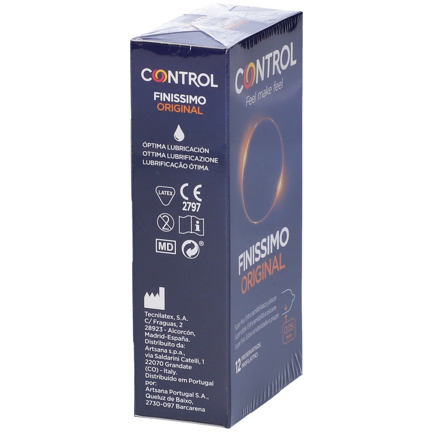 Scatola "CONTROL Finissimo Original" con informazioni sul prodotto. Contiene 12 profilattici. Logo e nome del prodotto visibili. Confezione.