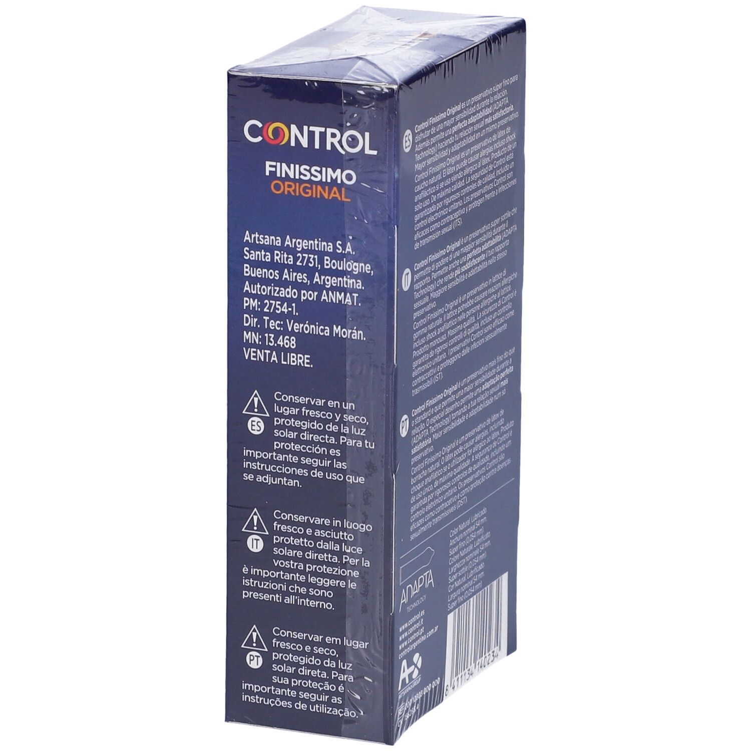 Retro della scatola "CONTROL Finissimo Original". Informazioni sul prodotto in diverse lingue. Contiene 12 profilattici. Confezione.