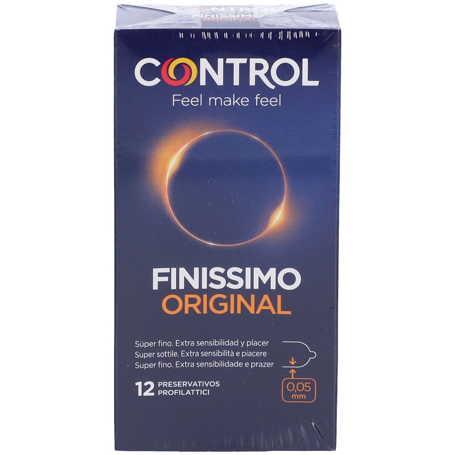 Scatola "CONTROL Finissimo Original" con informazioni sul prodotto. Contiene 12 profilattici. Logo e nome del prodotto visibili. Confezione.