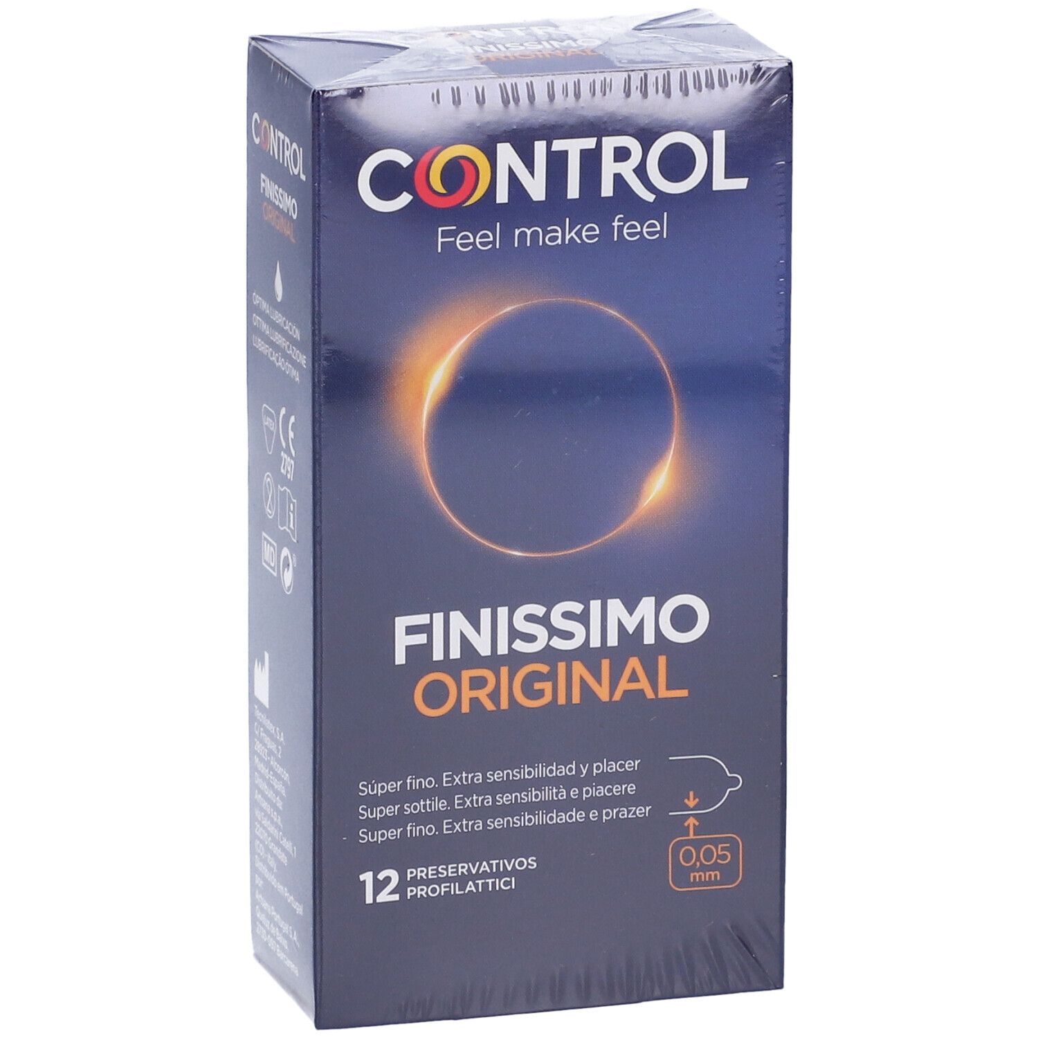 Scatola confezionata "CONTROL Finissimo Original". Contiene 12 profilattici. Logo e nome del prodotto visibili. Informazioni sulla confezione.