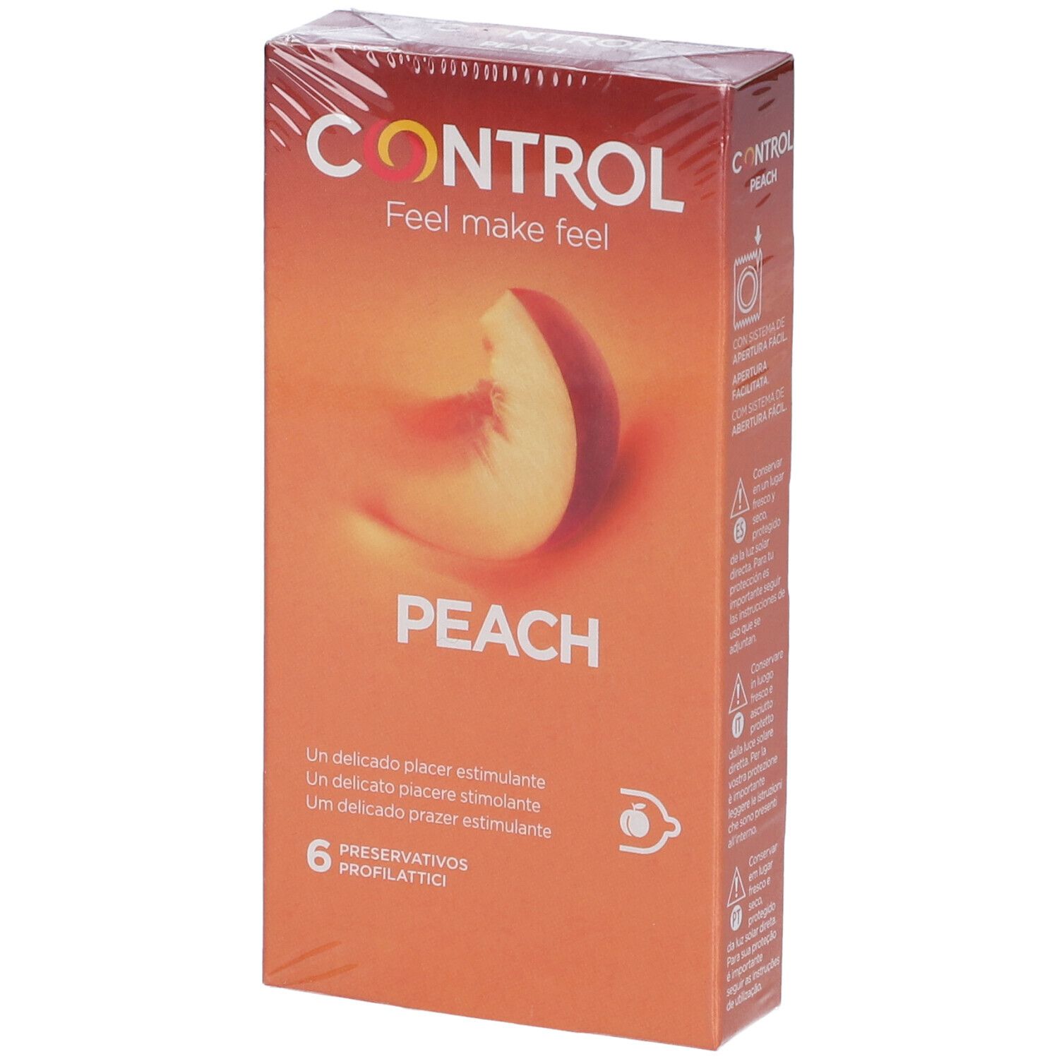 Confezione di preservativi CONTROL Peach confezionata. Immagine di mezza pesca. 6 preservativi.