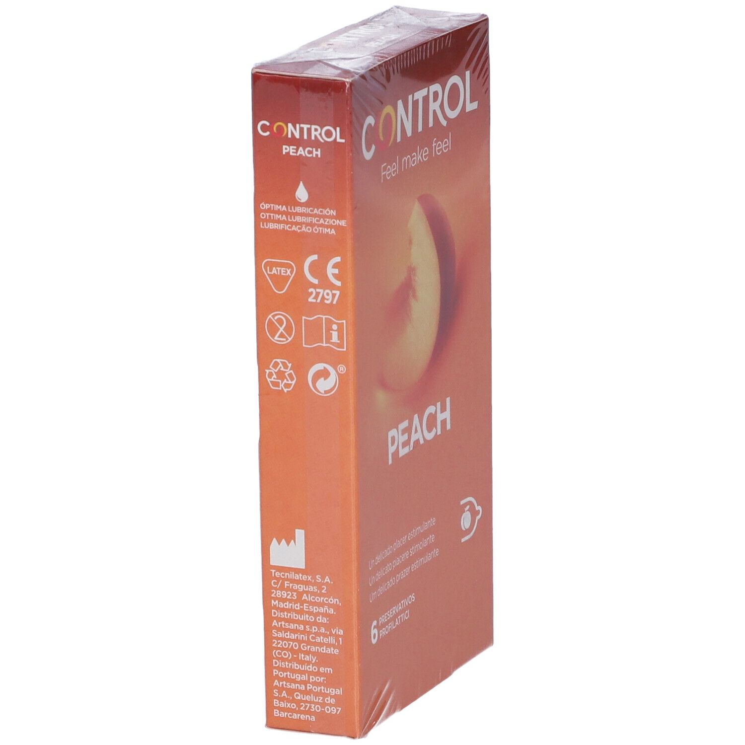 Confezione di preservativi CONTROL Peach confezionata. Lato della confezione con testo e simboli.