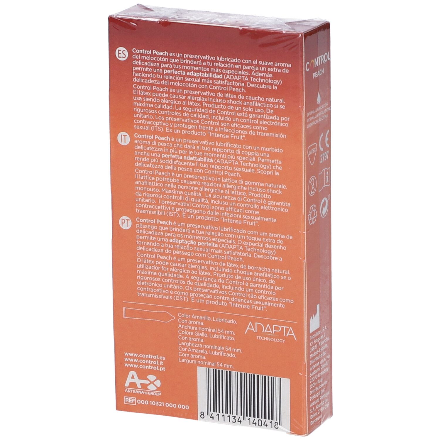Retro della confezione di preservativi CONTROL Peach. Testo multilingue. Informazioni sugli ingredienti e il produttore.