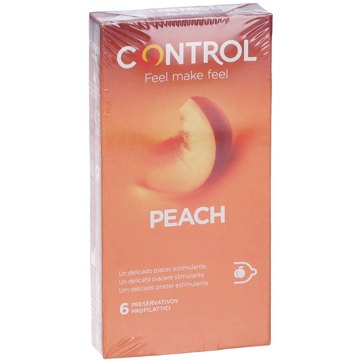 Confezione di preservativi CONTROL Peach. Immagine di mezza pesca. 6 preservativi.