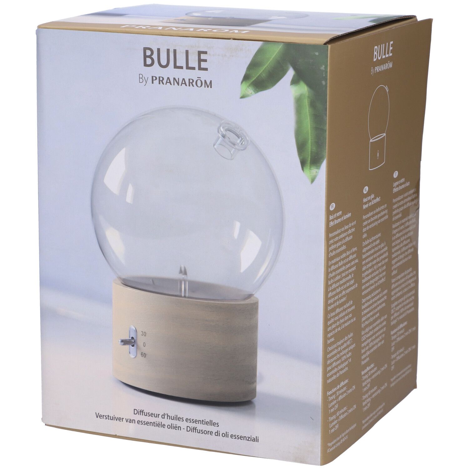 Confezione del prodotto. Scritta 'BULLE by PRANAROM'. Diffusore con cupola in vetro e base in legno illustrato. Testo multilingue.