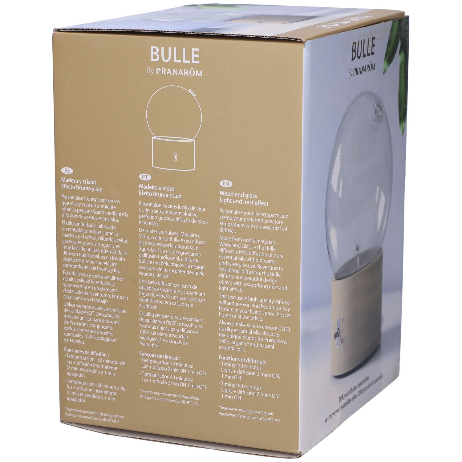 Confezione del prodotto. Scritta 'BULLE by PRANAROM'. Retro con testo multilingue. Illustrazione del diffusore.